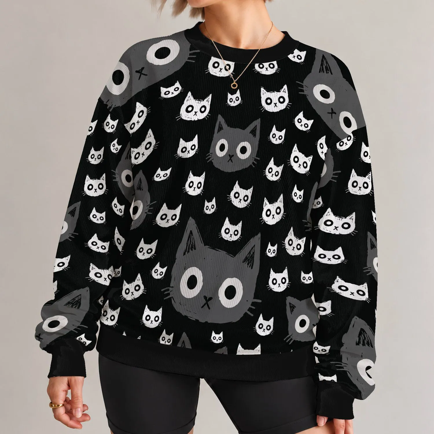 Monochrome Cat Faces for Back-to-School Days and Casual Everyday Campus Style All-over Print Knitted Sweater - 1