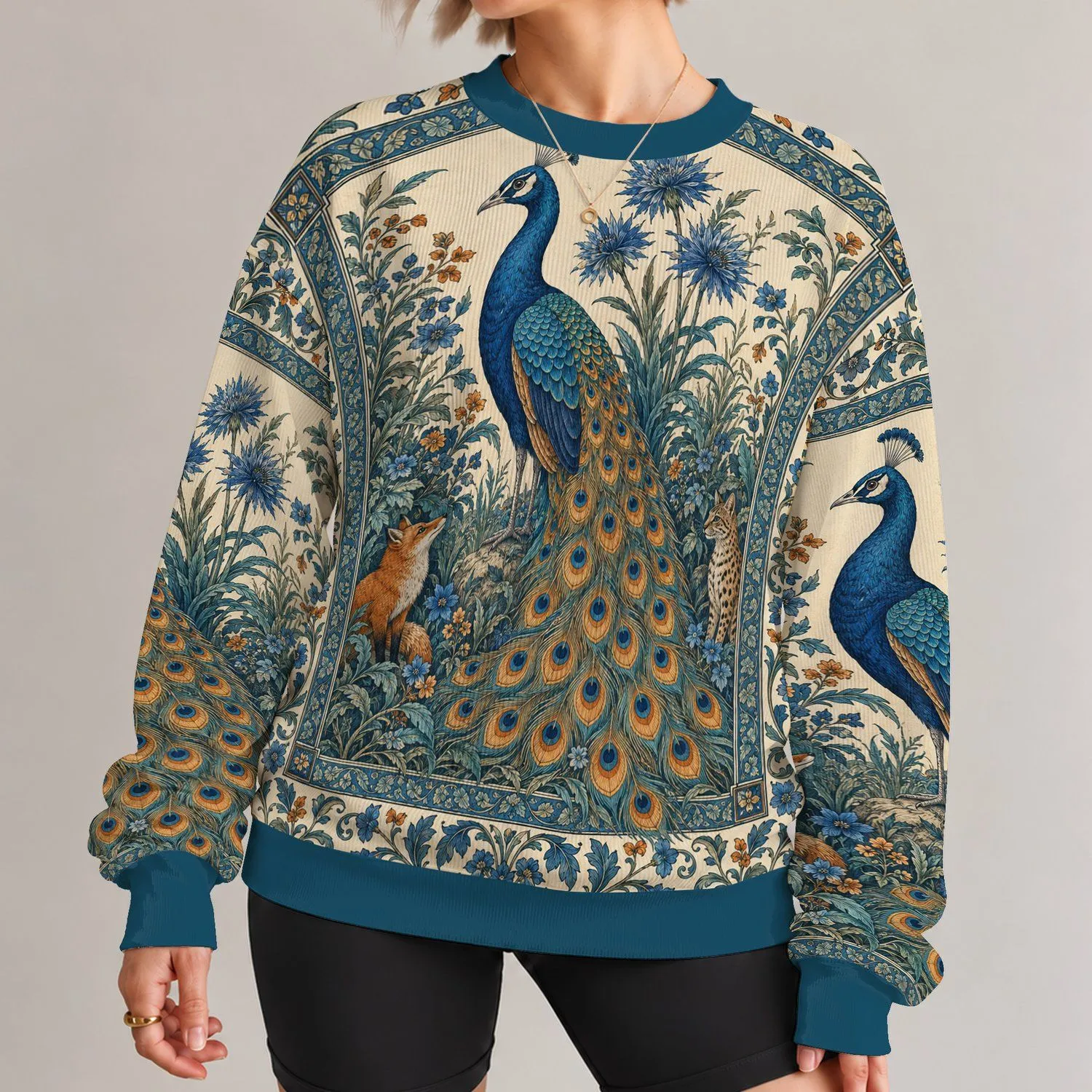 Peacock Tapestry and Woodland Creatures for Artful Everyday Wear and Vintage Style Lovers All-over Print Knitted Sweater - 1