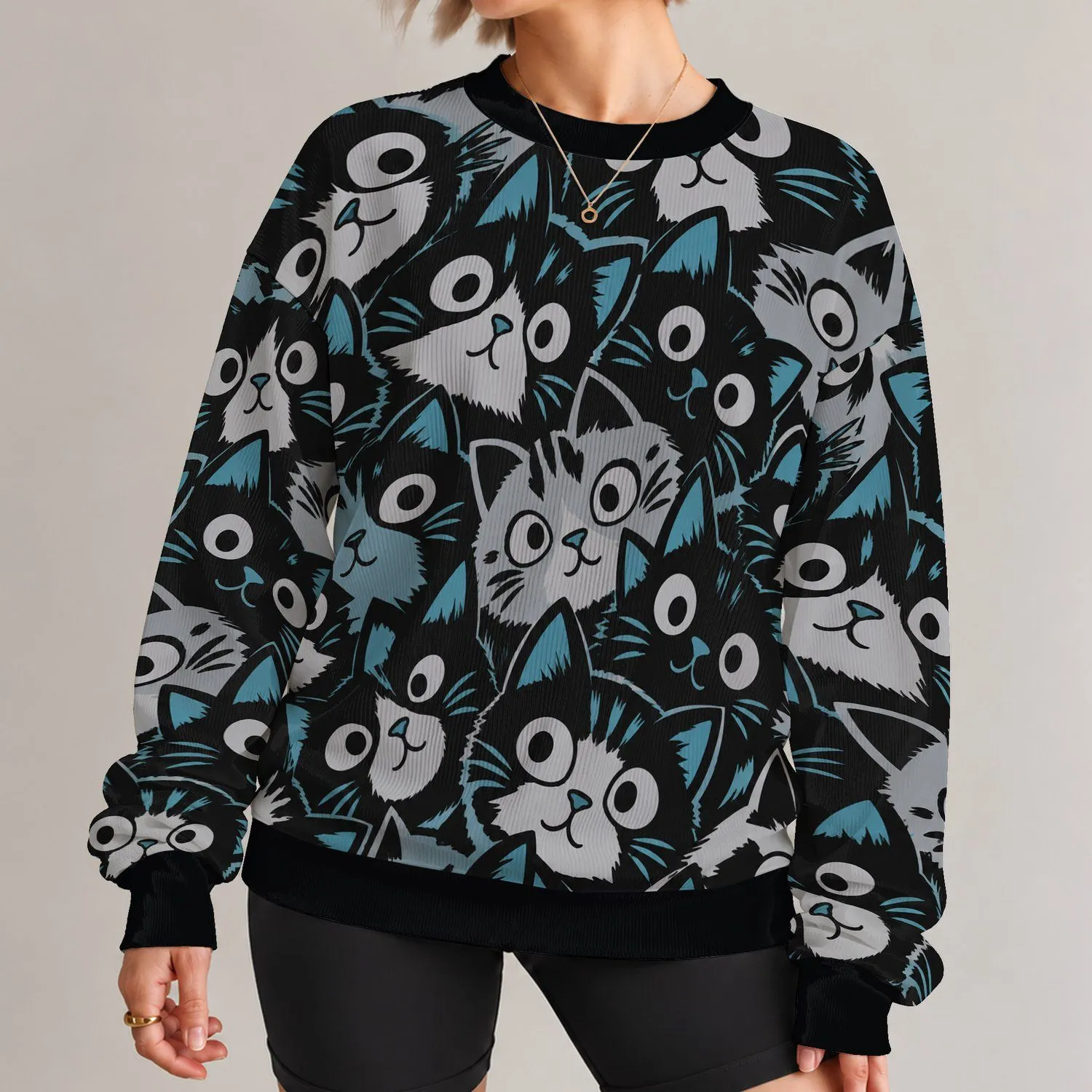Playful Abstract Cat Faces for Casual Streetwear and Everyday Autumn Outfits for Men All-over Print Knitted Sweater - 1