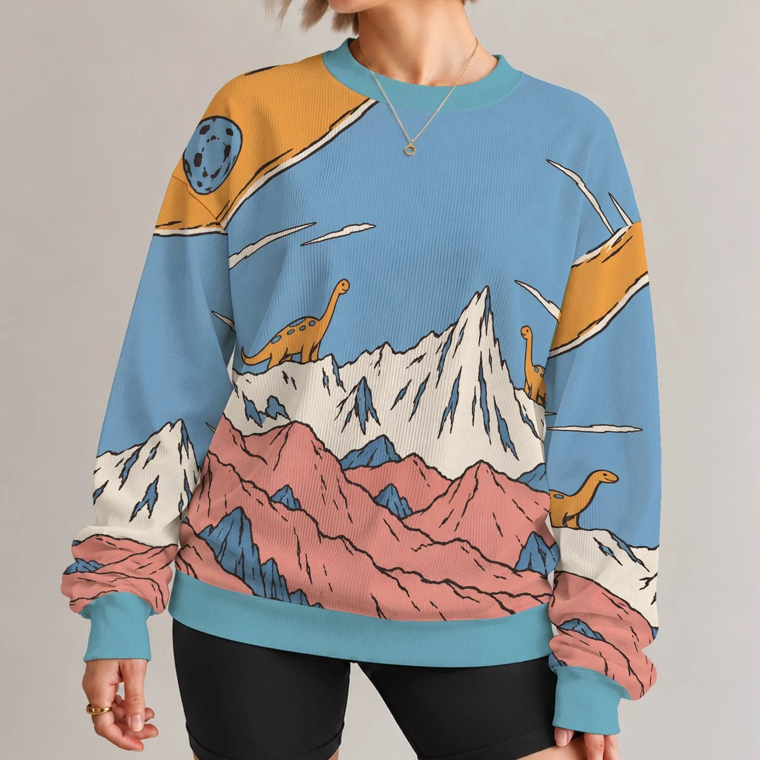 Playful Dinosaur Mountain Scene for Casual Fall Adventures and Relaxed Weekend Wear All-over Print Knitted Sweater - 1