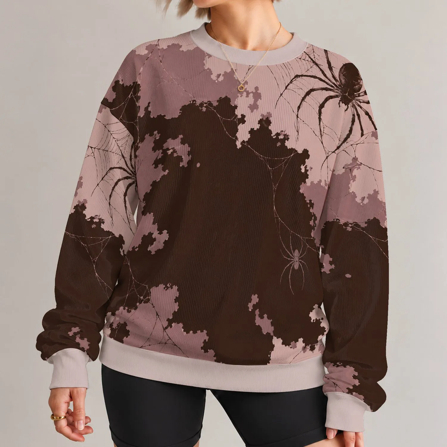Dark Brown Spiderweb Motif for Autumn Streetwear and Everyday Casual Outfits Unisex All-over Print Knitted Sweater - 1