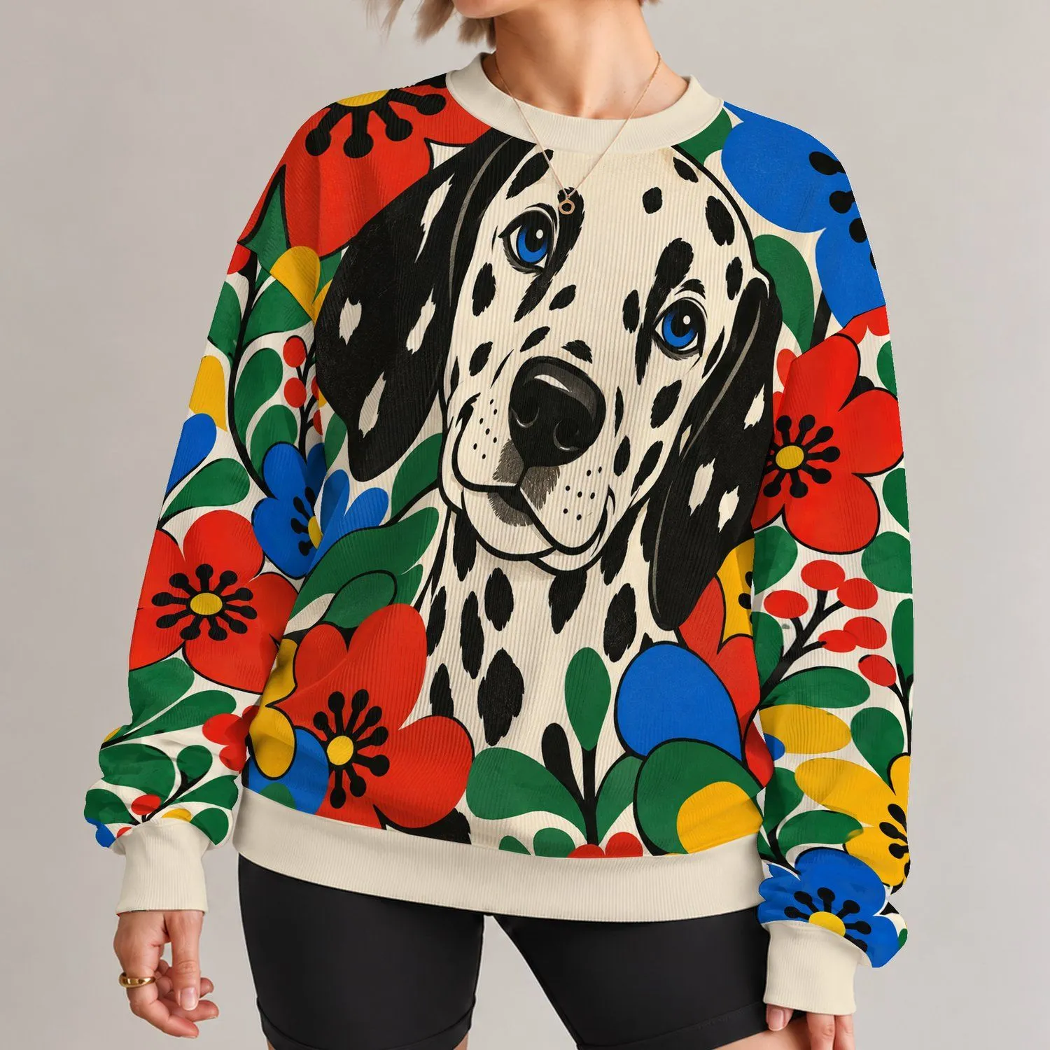 Dalmatian Face and Colorful Abstract Florals for Playful Everyday Style for Women All-over Print Knitted Sweater - 1