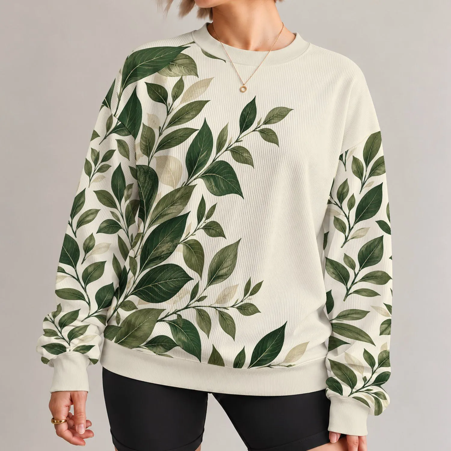 Forest Green Botanical Leaves for Relaxed Everyday Style and Nature-Loving Women All-over Print Knitted Sweater - 1