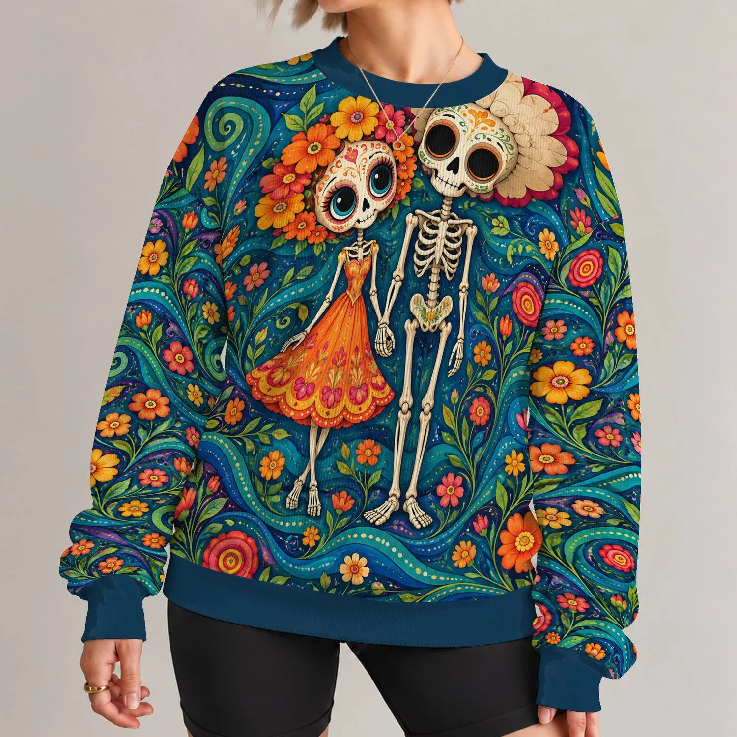 Undead Couple and Floral Skulls for Spooky Date Nights and Halloween Gatherings All-over Print Knitted Sweater - 1