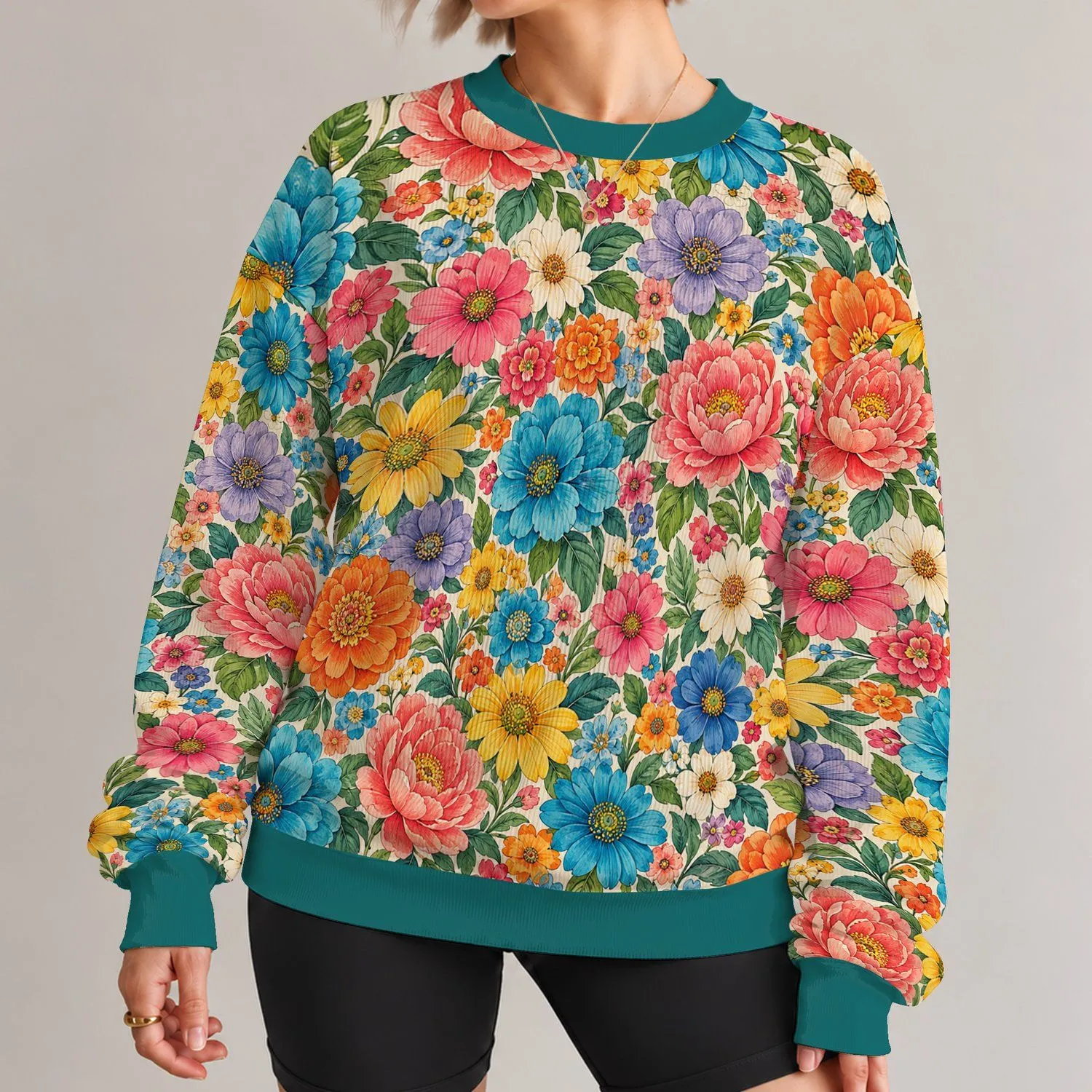 Colorful Crochet-Style Floral Blooms for Everyday Outings and Creative Casual Looks All-over Print Knitted Sweater - 1