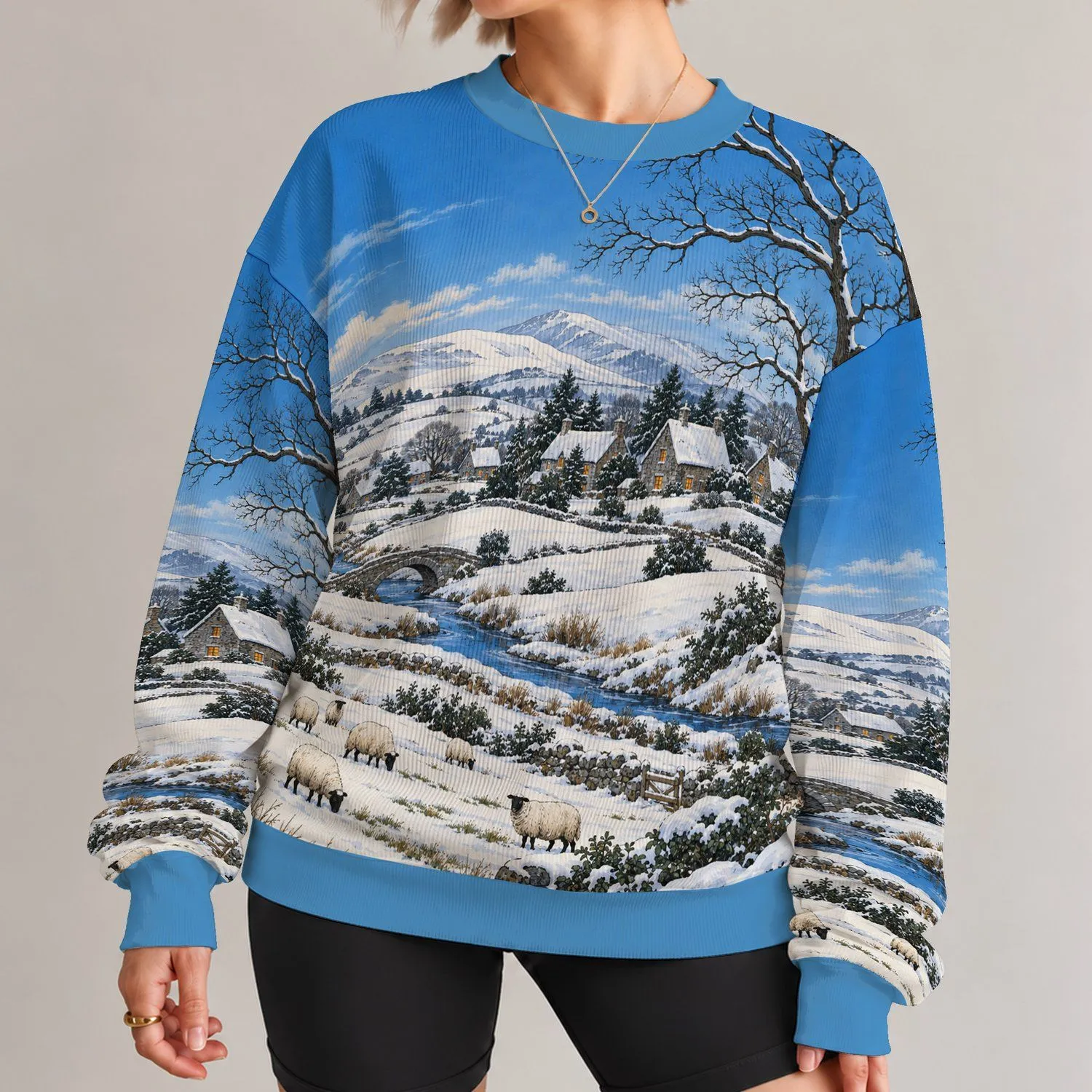Snowy Countryside Village With Sheep for Cozy Winter Escapes and Charming Rural Days All-over Print Knitted Sweater - 1