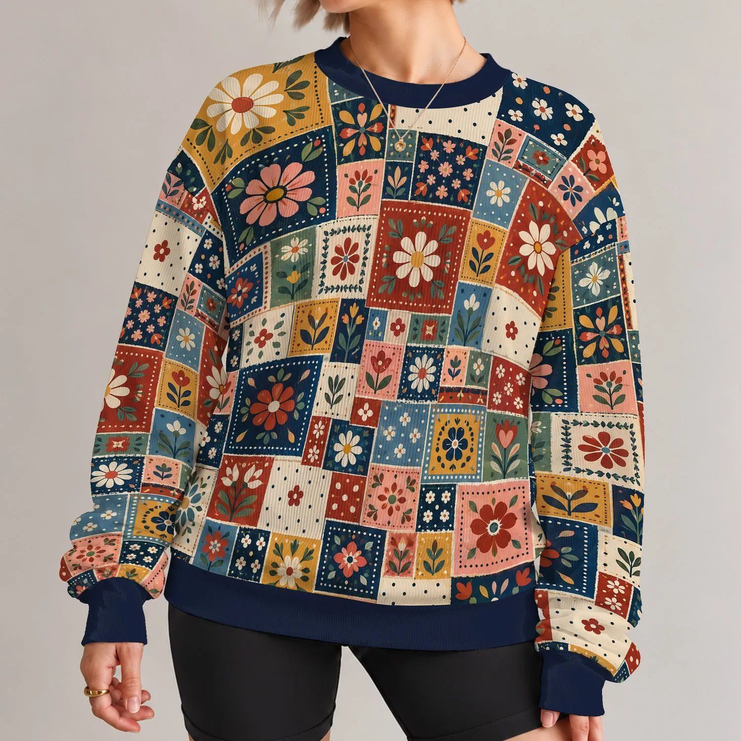 Colorful Folk Floral Patchwork for Creative Everyday Style and Cozy Weekend Wear All-over Print Knitted Sweater - 1