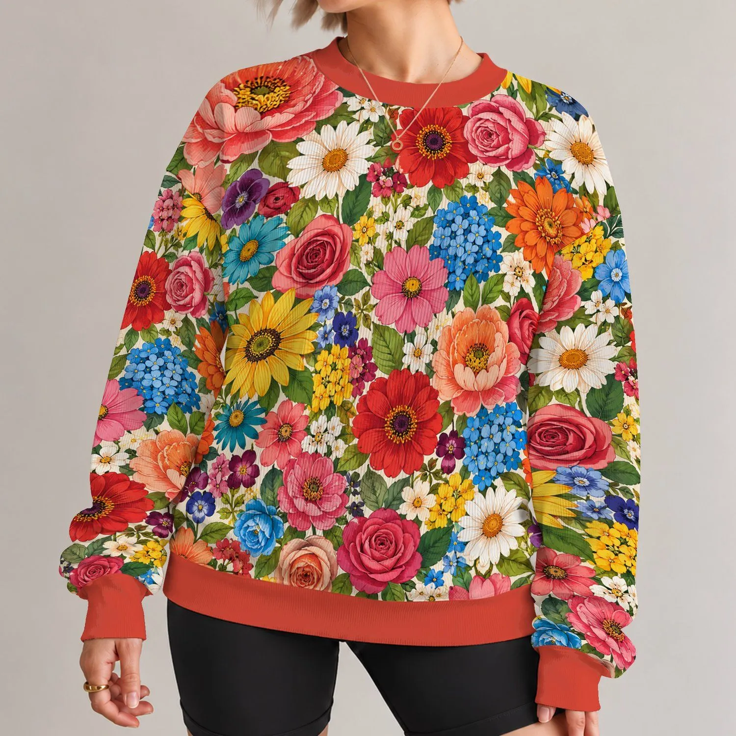 Colorful Crochet-Style Flowers for Spring Outings and Creative Everyday Looks All-over Print Knitted Sweater - 1