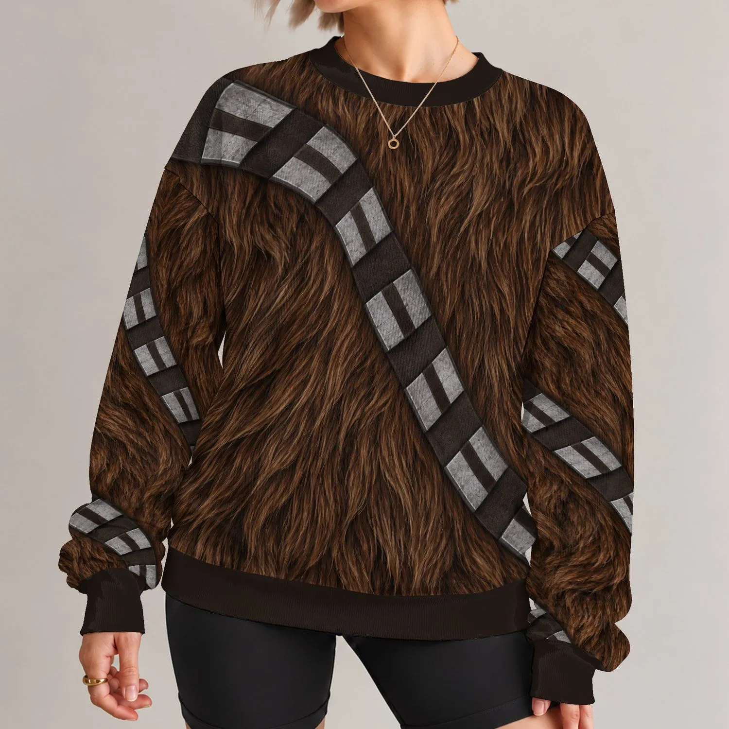 Brown Furry Space Warrior Outfit for Halloween Cosplay and Fan Costume Gatherings All-over Print Knitted Sweater - 1