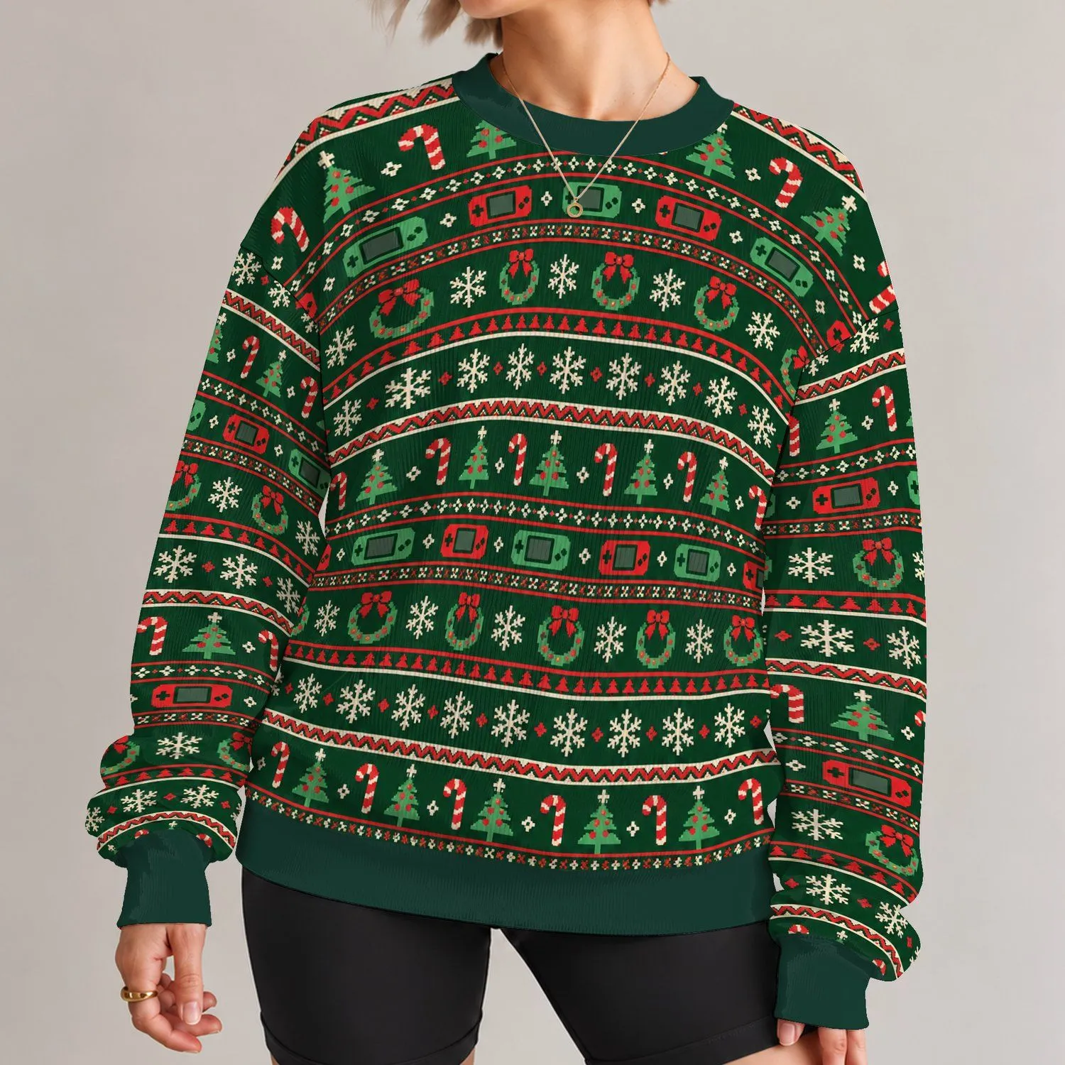 Retro Pixel Gaming Holiday Motifs for Cozy Christmas Celebrations and Gamer Gifting All-over Print Knitted Sweater - 1