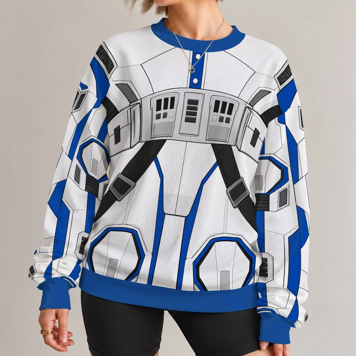 White And Blue Futuristic Pilot Outfit For Cosplay And Halloween Couples All-over Print Knitted Sweater - 1