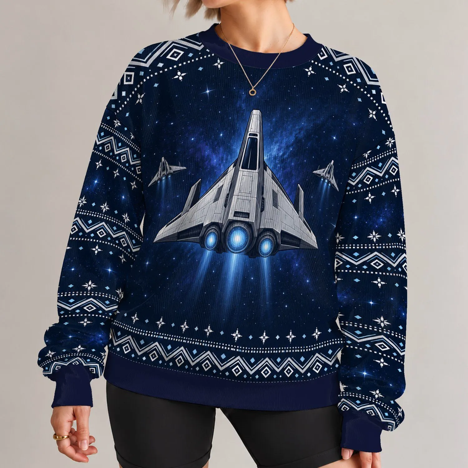 Retro Starship Galaxy Holiday Motifs for Festive Winter Celebrations and Space Fans All-over Print Knitted Sweater - 1