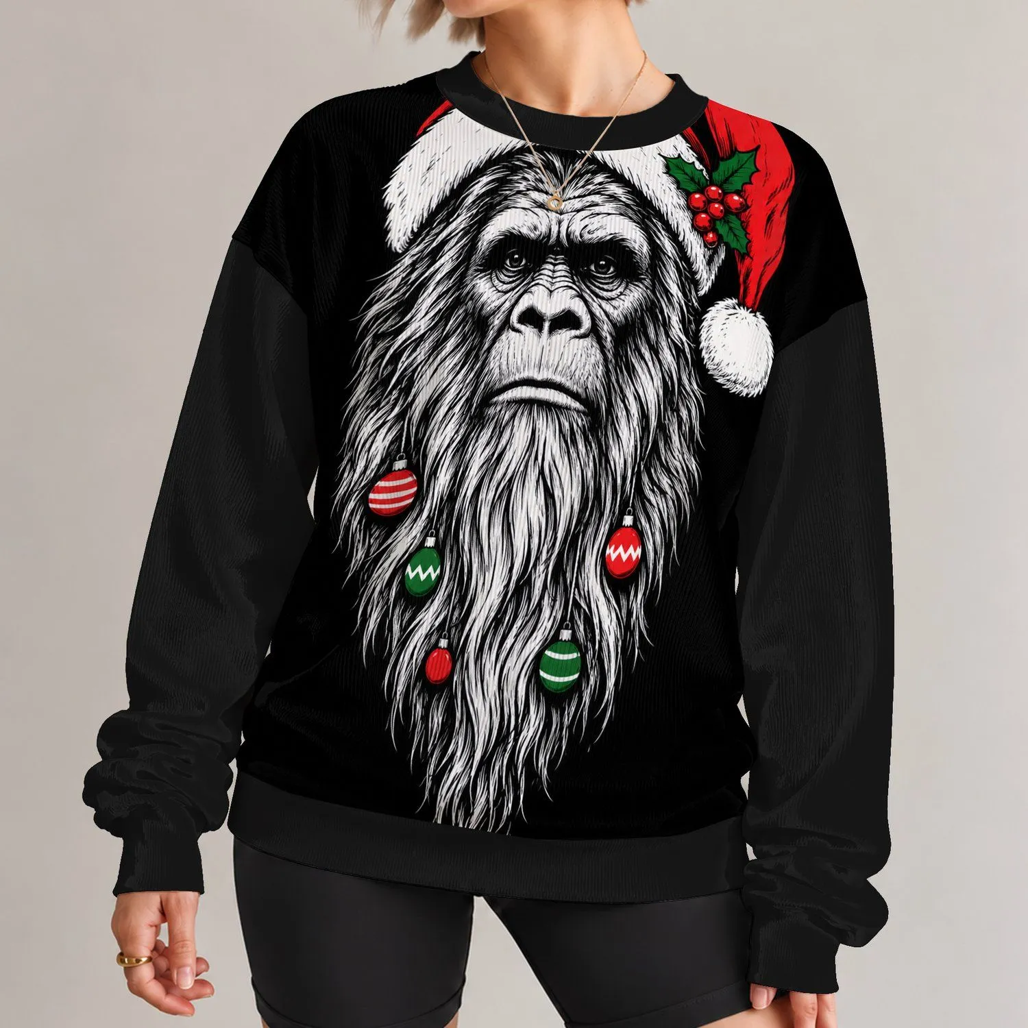 Shaggy Space Creature With Santa Hat for Christmas Parties and Holiday Gift Giving All-over Print Knitted Sweater - 1