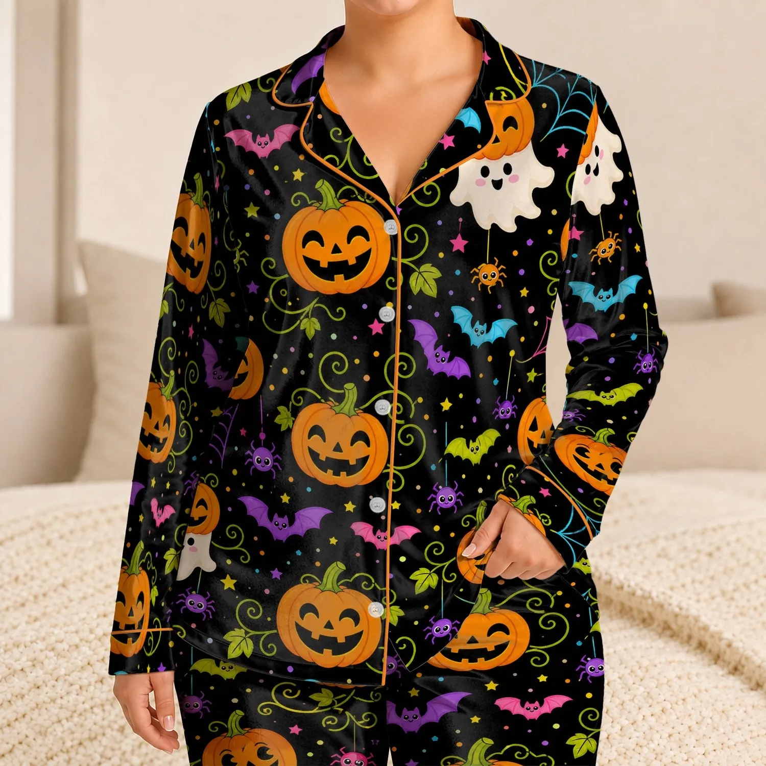 Neon Halloween Pumpkin And Bat Motif For Girls, Cozy Holiday Sleepovers Gift Satin Pajamas Set - 1