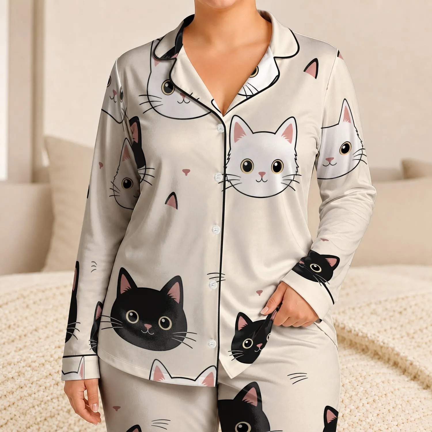 Black And White Cat Faces For Cozy Bedtime Gifts For Cat Lovers And Teens At Home Satin Pajamas Set - 1