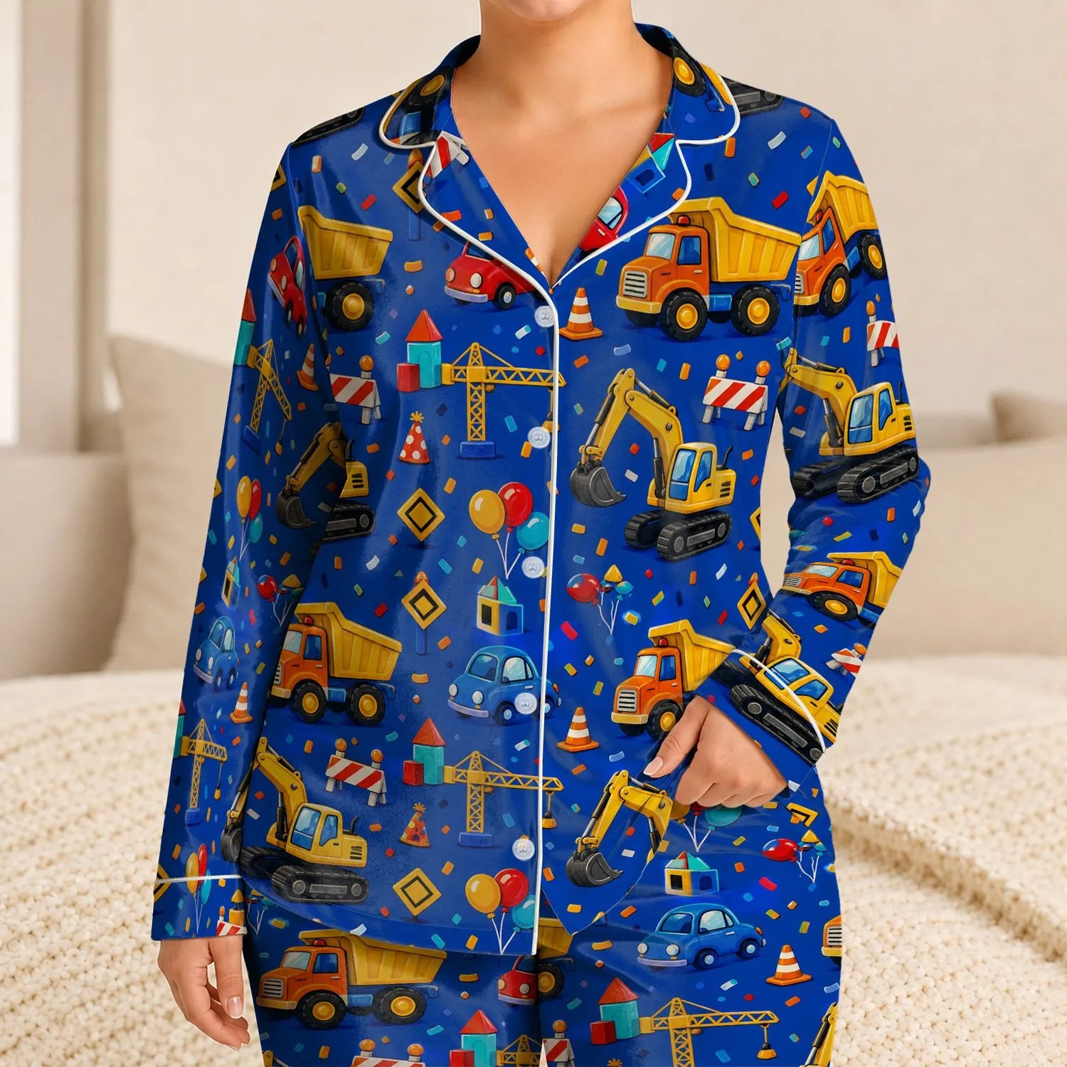 Cobalt Blue Construction Motif Bedtime Set For Boys Spring Summer Playroom Ready Satin Pajamas Set - 1