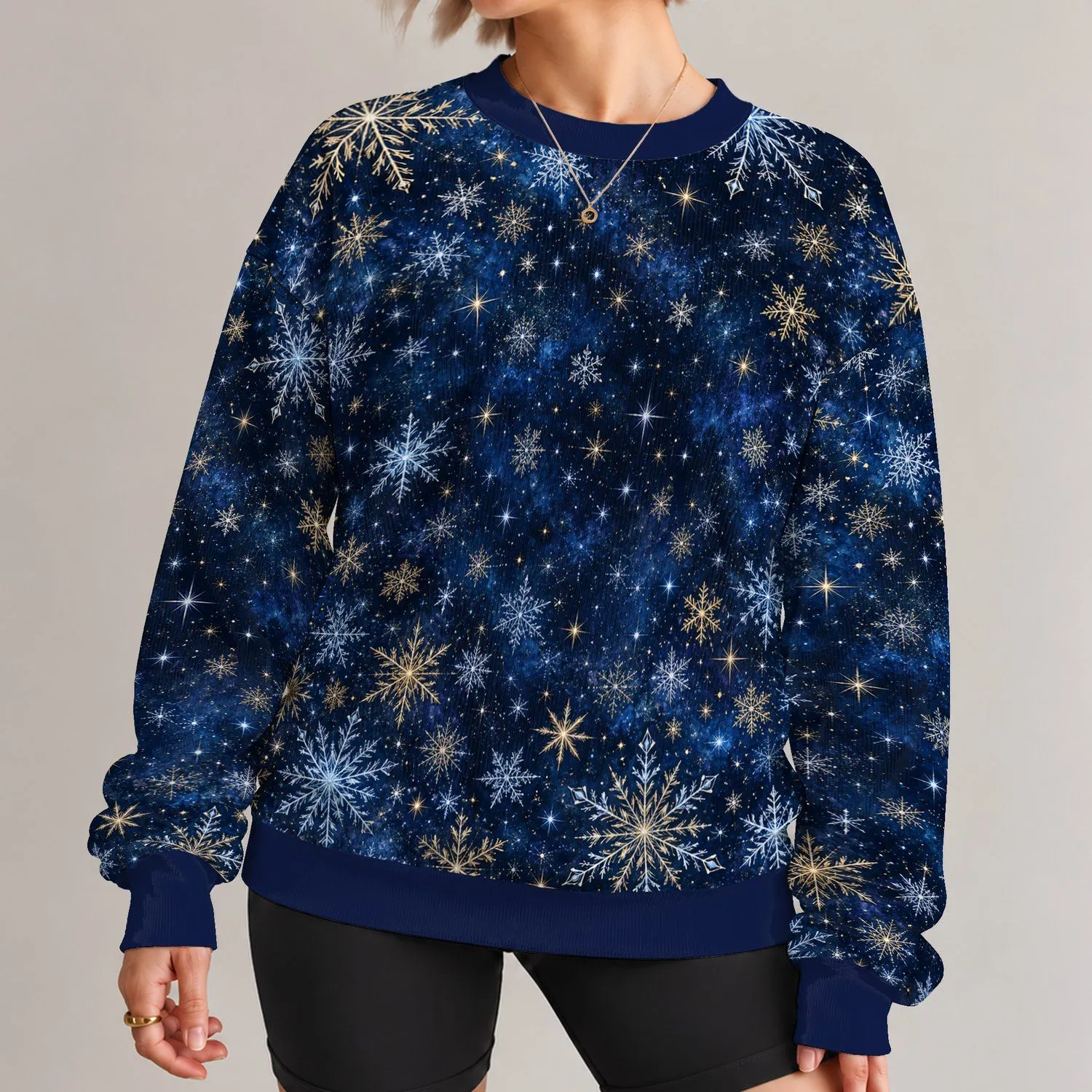 Golden Snowflakes on Midnight Blue for Cozy Winter Holiday Celebrations All-over Print Knitted Sweater - 1