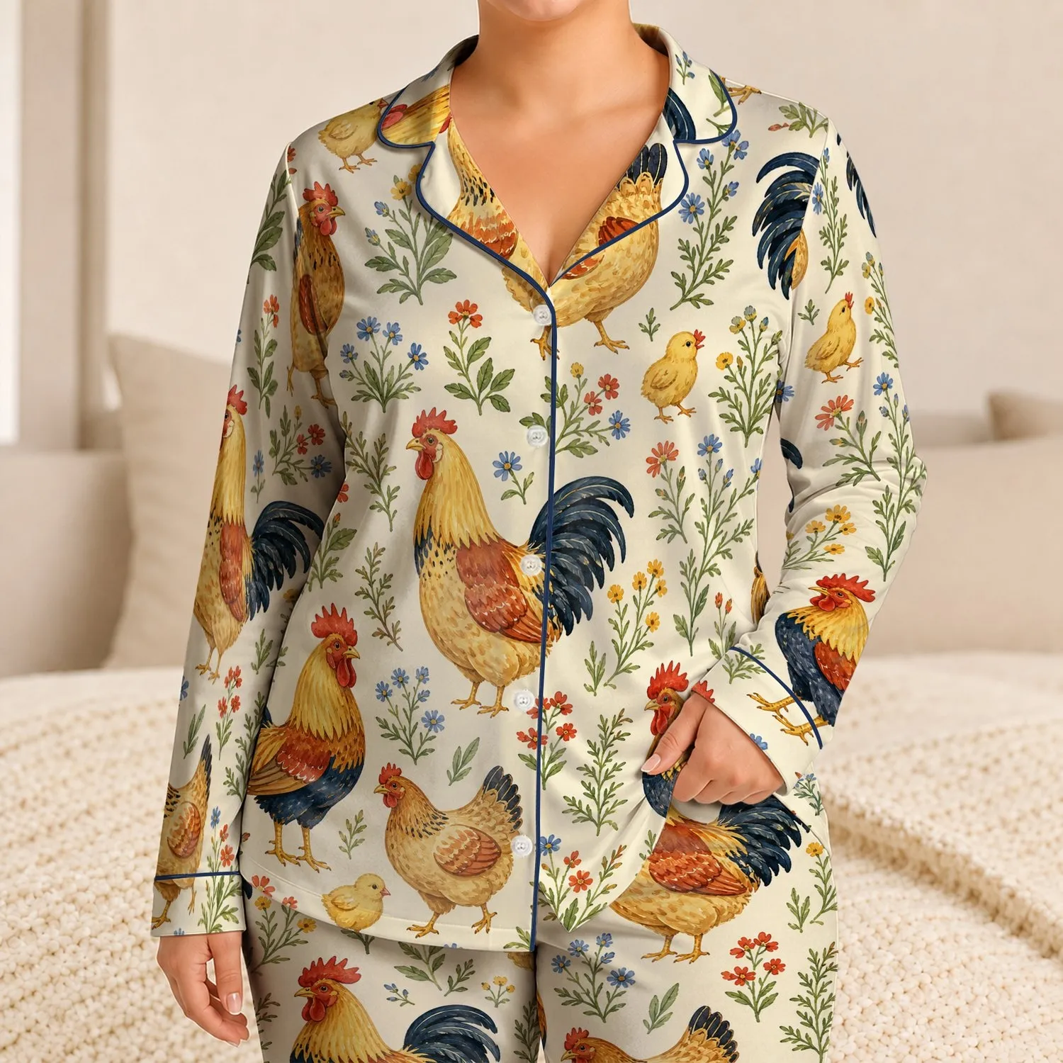 Rooster And Hen Farmhouse Motif For Spring Summer Gifts For Kids And Toddlers Home Satin Pajamas Set - 1