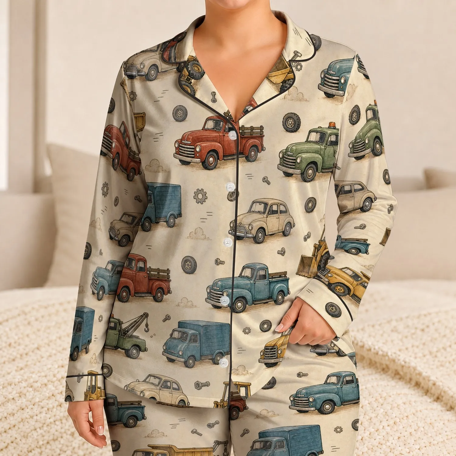 Vintage Toy Trucks for Cozy Lounging and Bedtime Comfort for Little Kids Daily Wear Satin Pajamas Set - 1