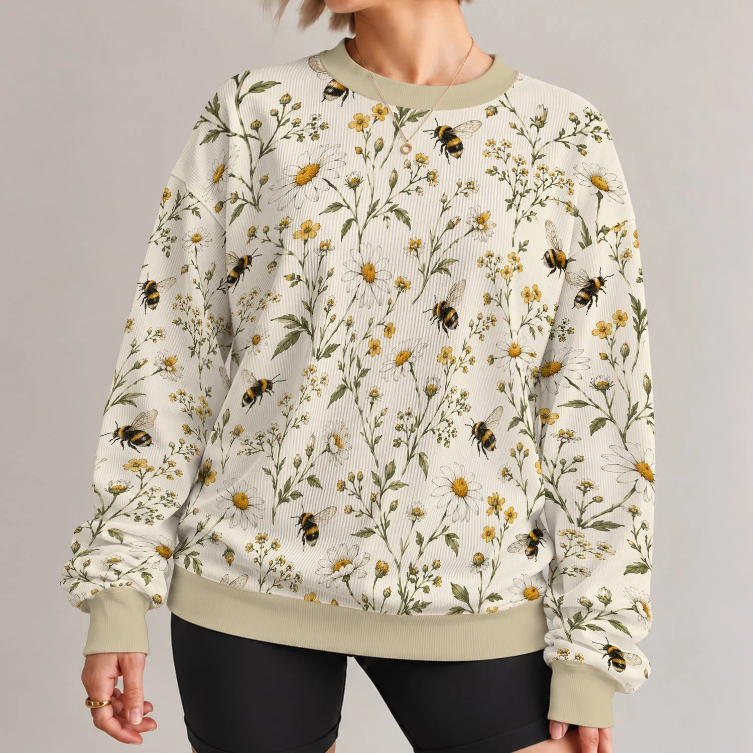 Bumblebee And Daisy Meadow For Garden Days And Nature Lovers All-over Print Knitted Sweater - 1