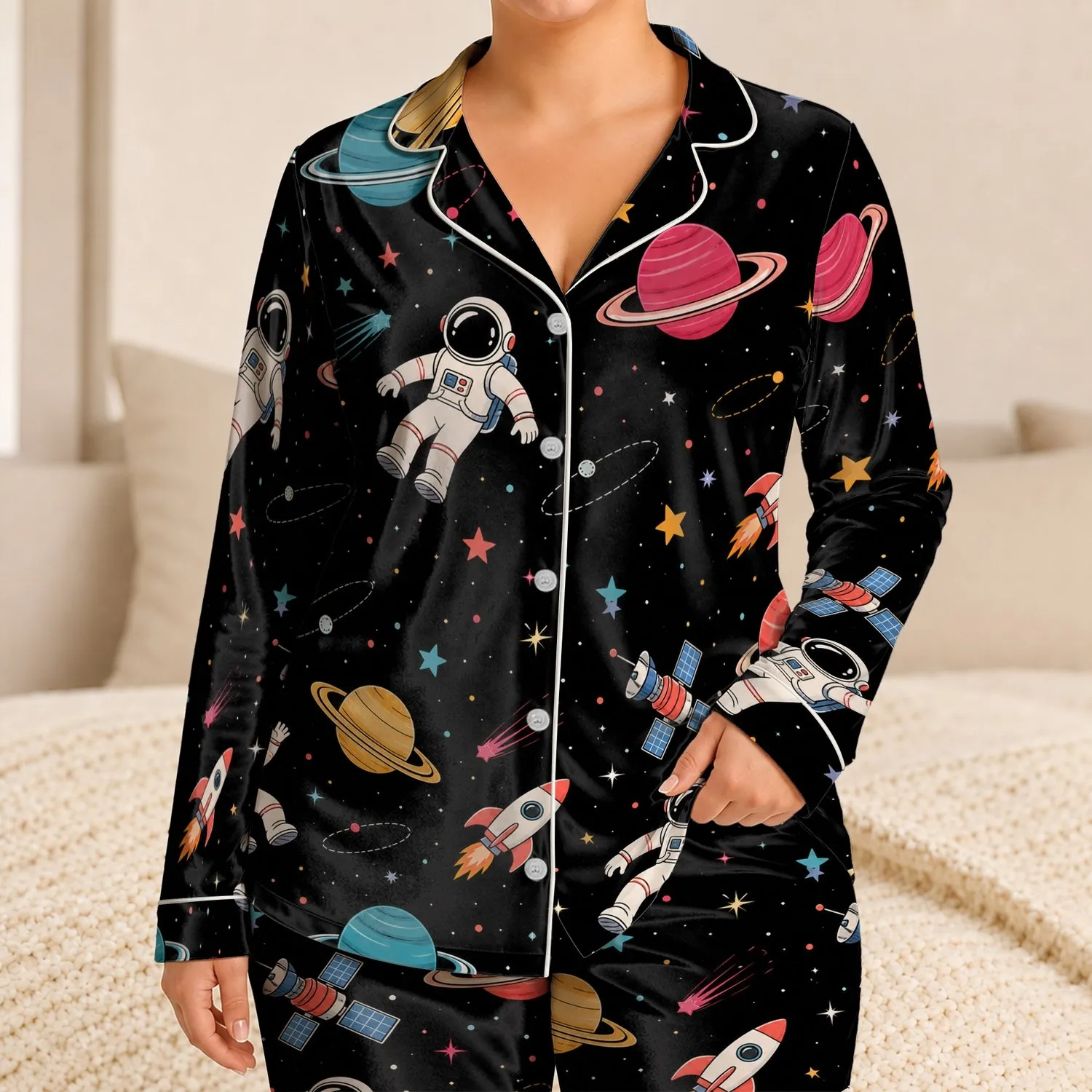Retro Space Astronaut And Planet Theme For Teen And Men Gift With Cosmic Night Vibes Satin Pajamas Set - 1