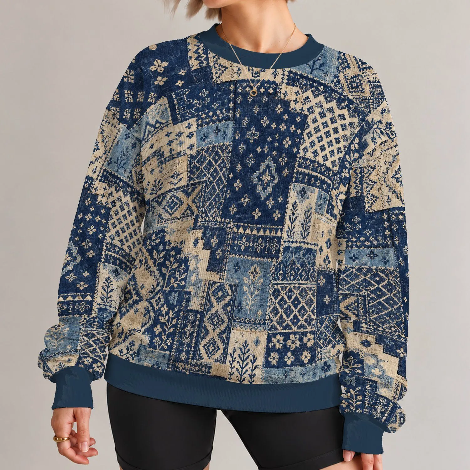 Navy And Natural Patchwork Geometry For Relaxed Everyday Artistic Casual Styling All-over Print Knitted Sweater - 1