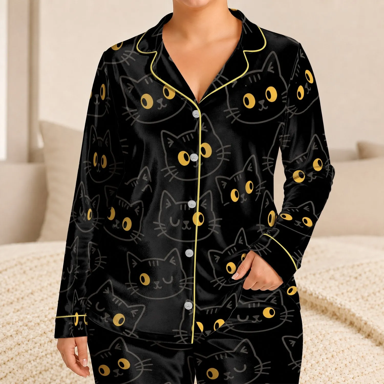 Black Cat Face Nightwear for Cozy Sleepovers and Lounging, Teens and Cat Lovers Gift Satin Pajamas Set - 1