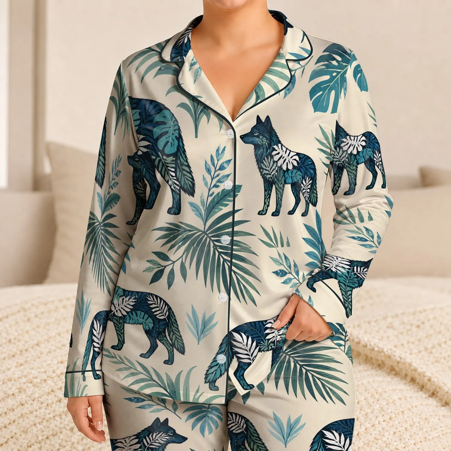 Tropical Wolf Silhouette For Cozy Evenings, Relaxed Home Days, And Teen Gifts Too Satin Pajamas Set - 1