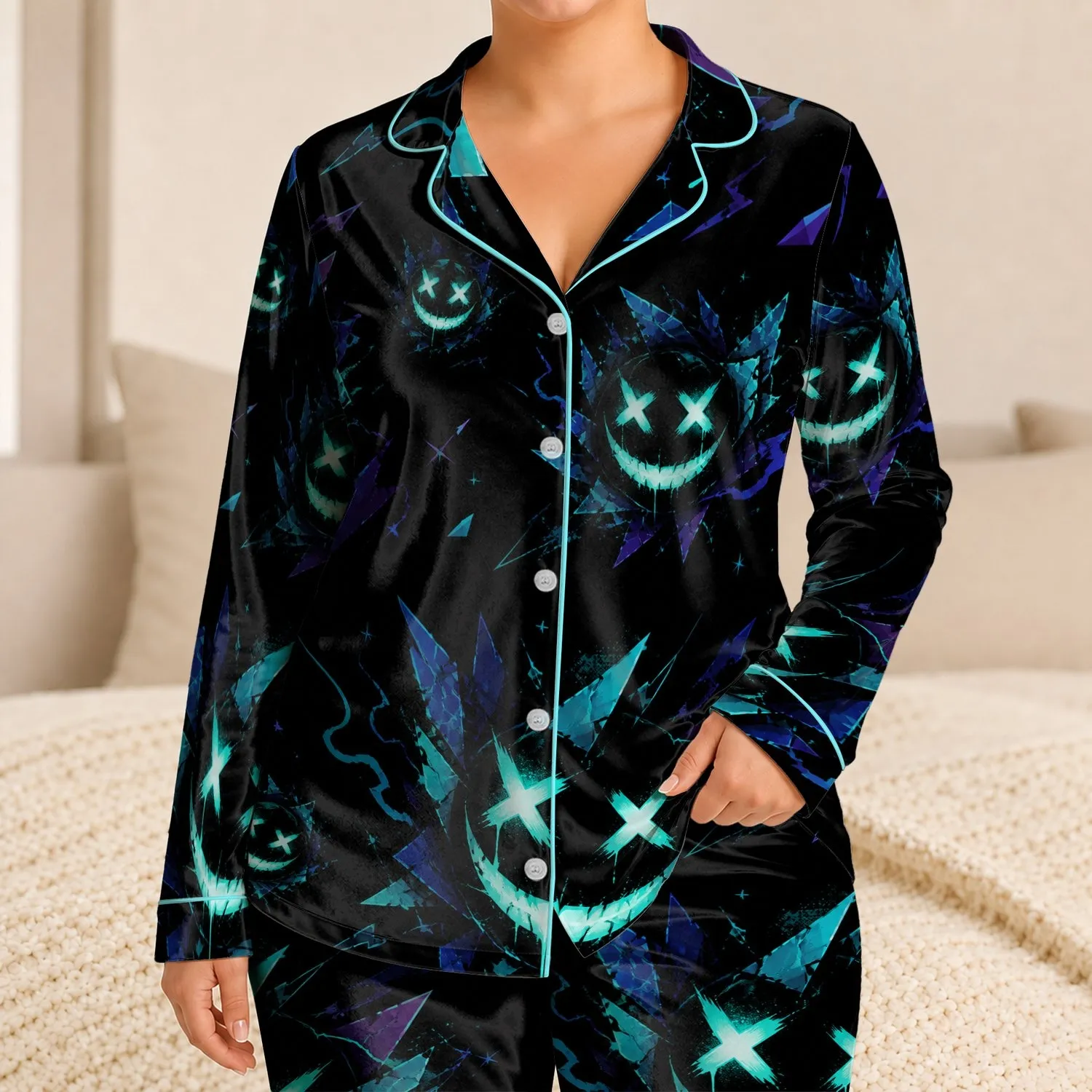 Moody Neon Face Nightwear For Teen Lounge Nights, Cozy Loose Fit Two-Piece Short Set Satin Pajamas Set - 1