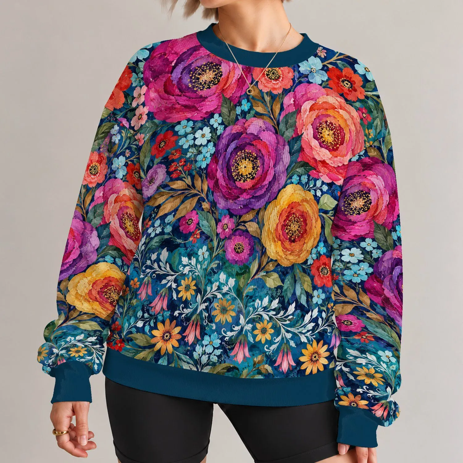Teal Floral Garden Motifs for Colorful Spring Outings and Creative Everyday Style All-over Print Knitted Sweater - 1