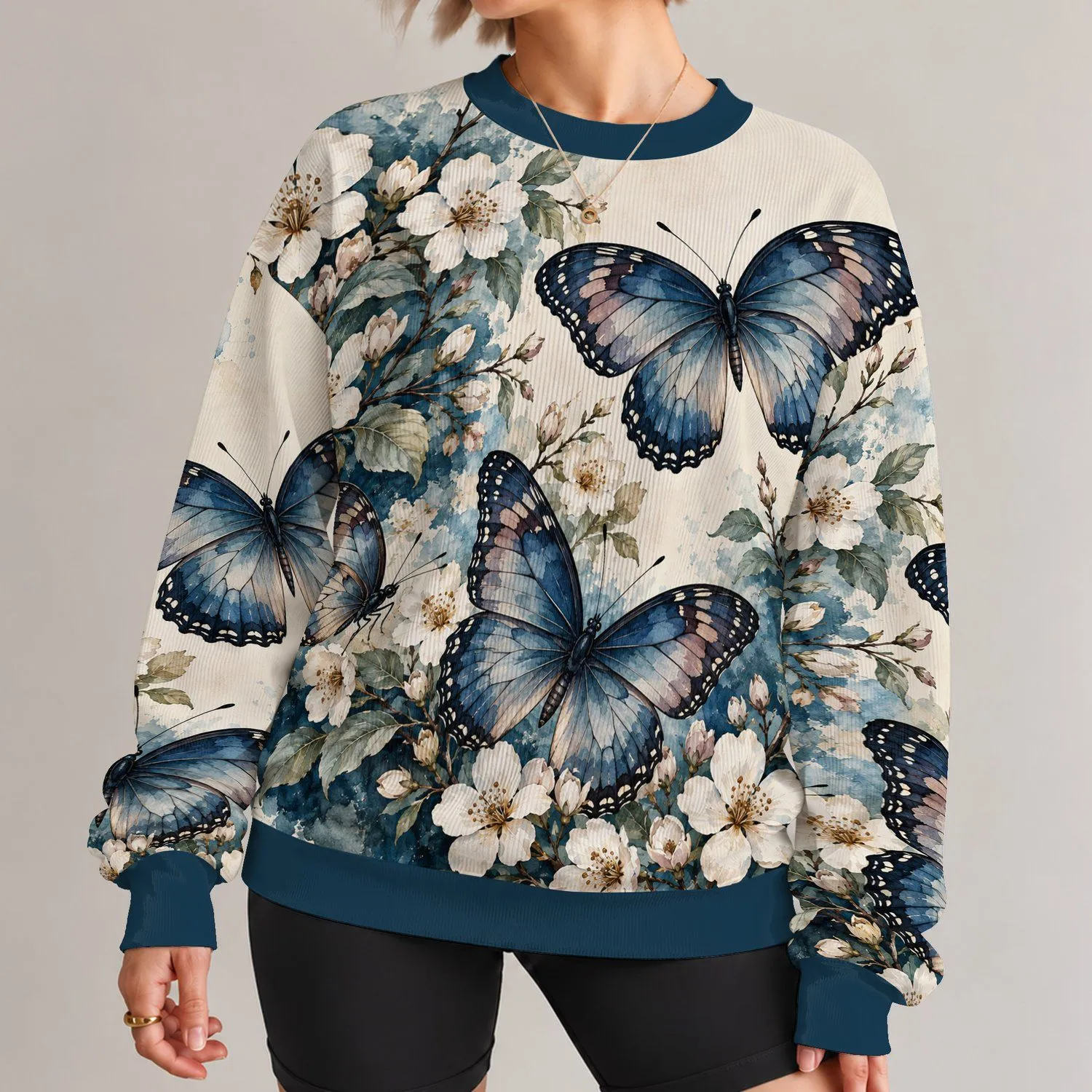 Blue Butterfly Garden Blossoms for Spring Outings, Garden Parties, and Nature Lovers All-over Print Knitted Sweater - 1