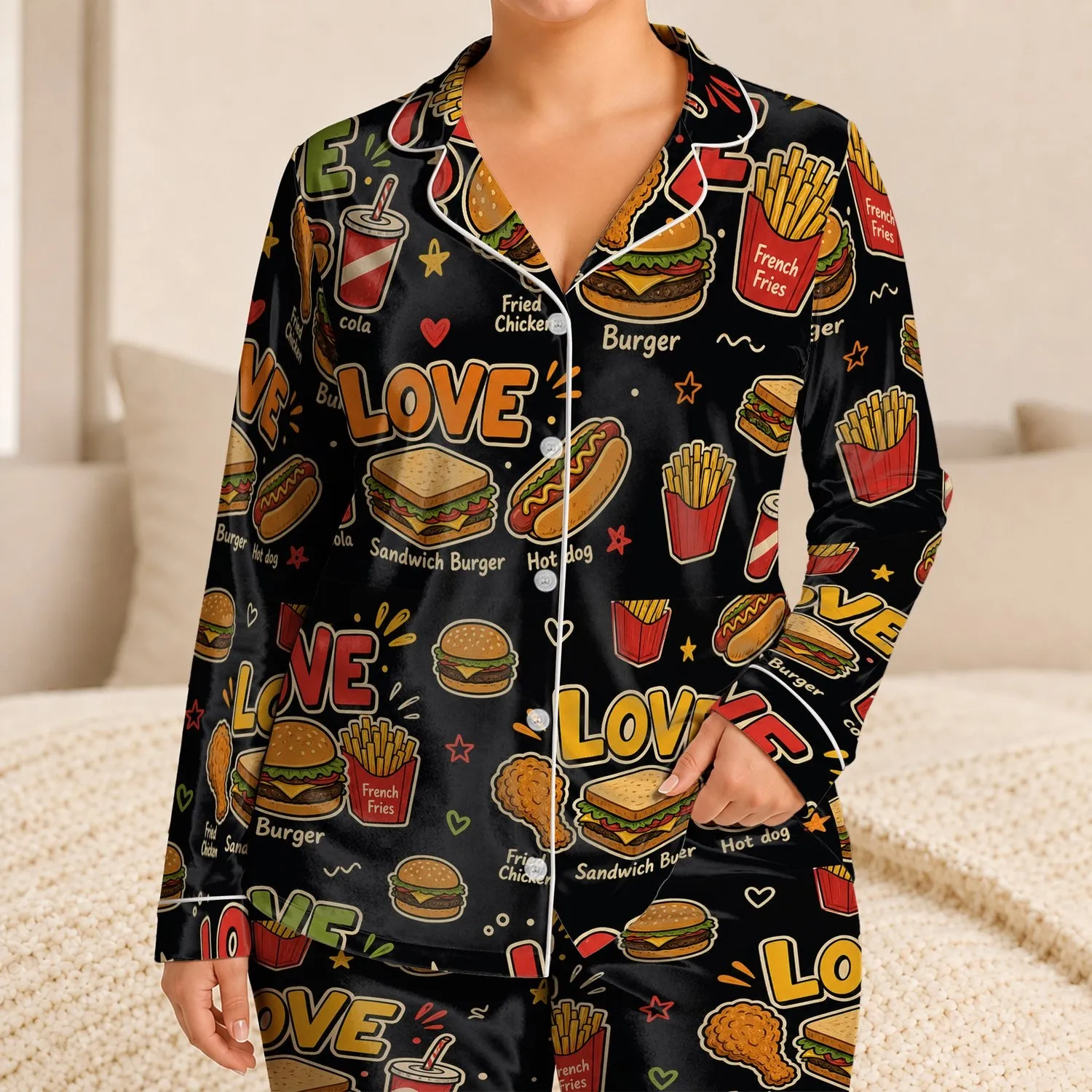 Retro Pop Art Food Collage For Cozy Nights, Teen Gift For Guys And Girls At Home Satin Pajamas Set - 1