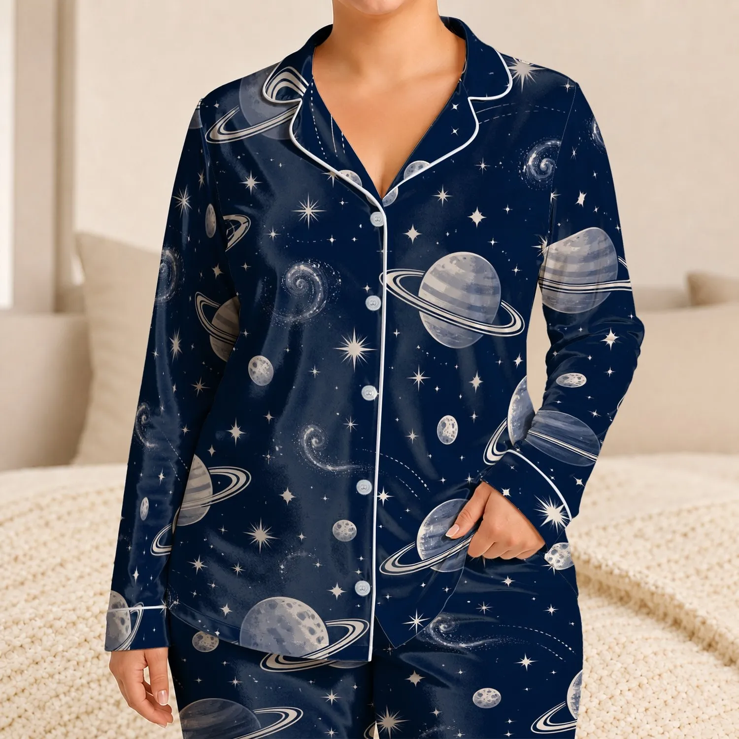 Navy Celestial Planet Bedroom Comfort For Cozy Winter Nights For Teens And Adults Satin Pajamas Set - 1