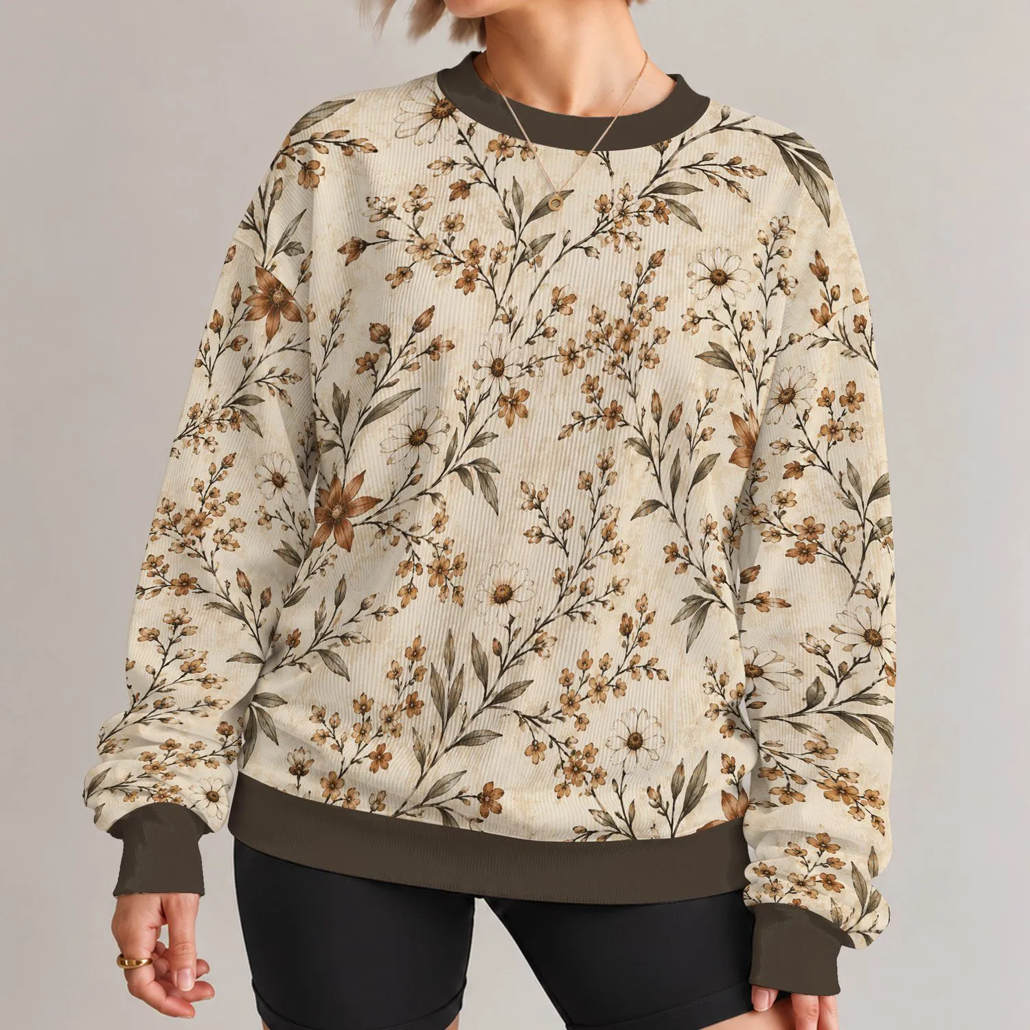 Ivory Wildflower Sprigs With Rustic Brown Blooms For Everyday Cottagecore Style All-over Print Knitted Sweater - 1