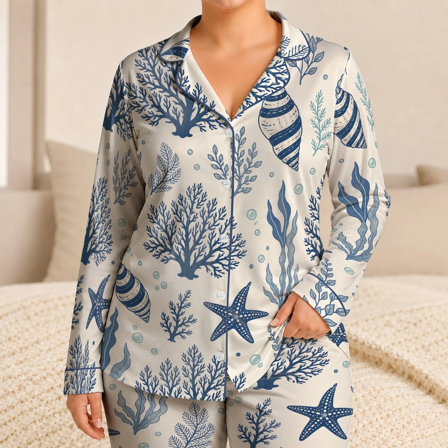 Coastal Coral Seashell Motifs for Summer Beach House Lounging and Gift Giving for Her Satin Pajamas Set - 1