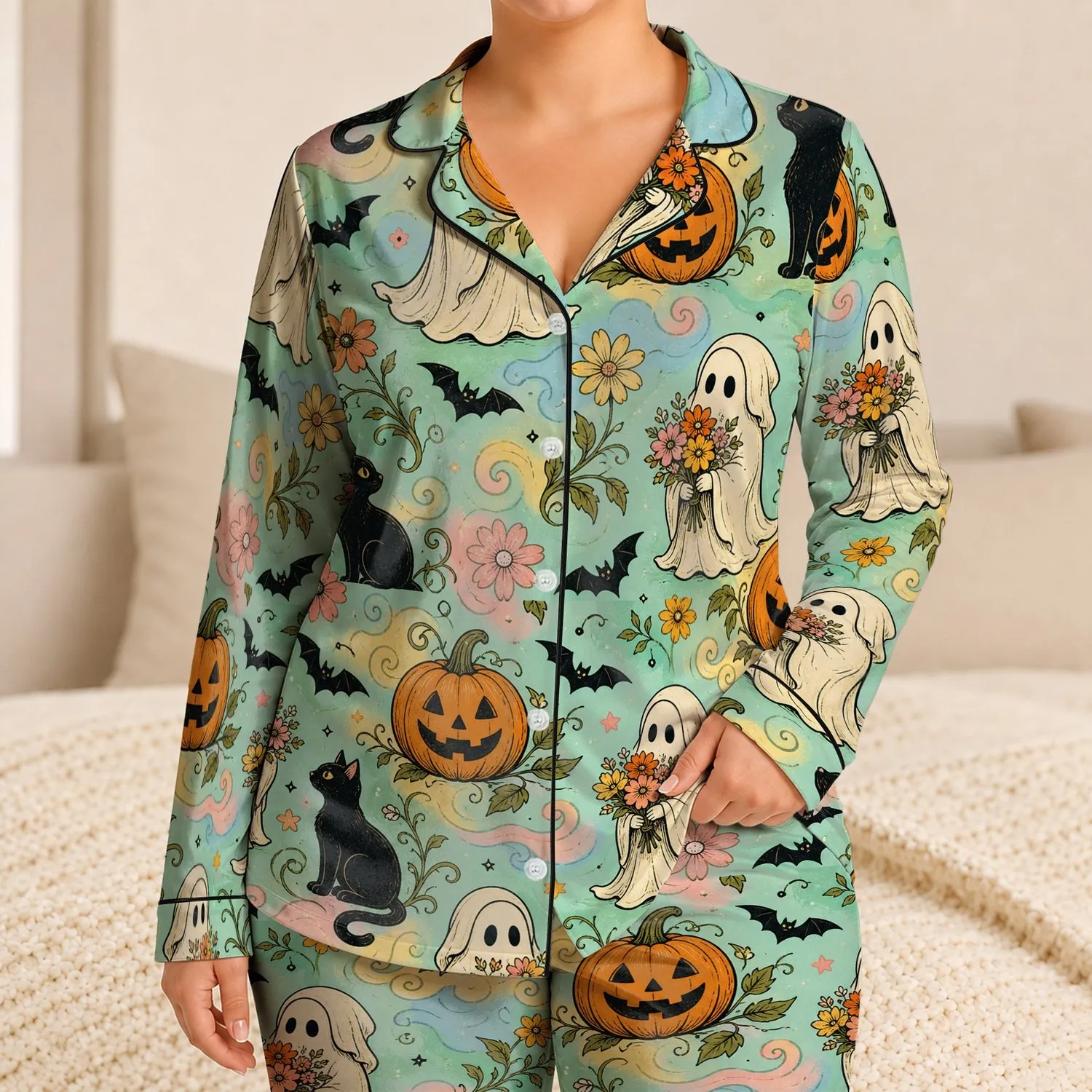 Vintage Halloween Ghosts, Pumpkins, and Cats Cozy Fall Gifts for Women and Teens Satin Pajamas Set - 1