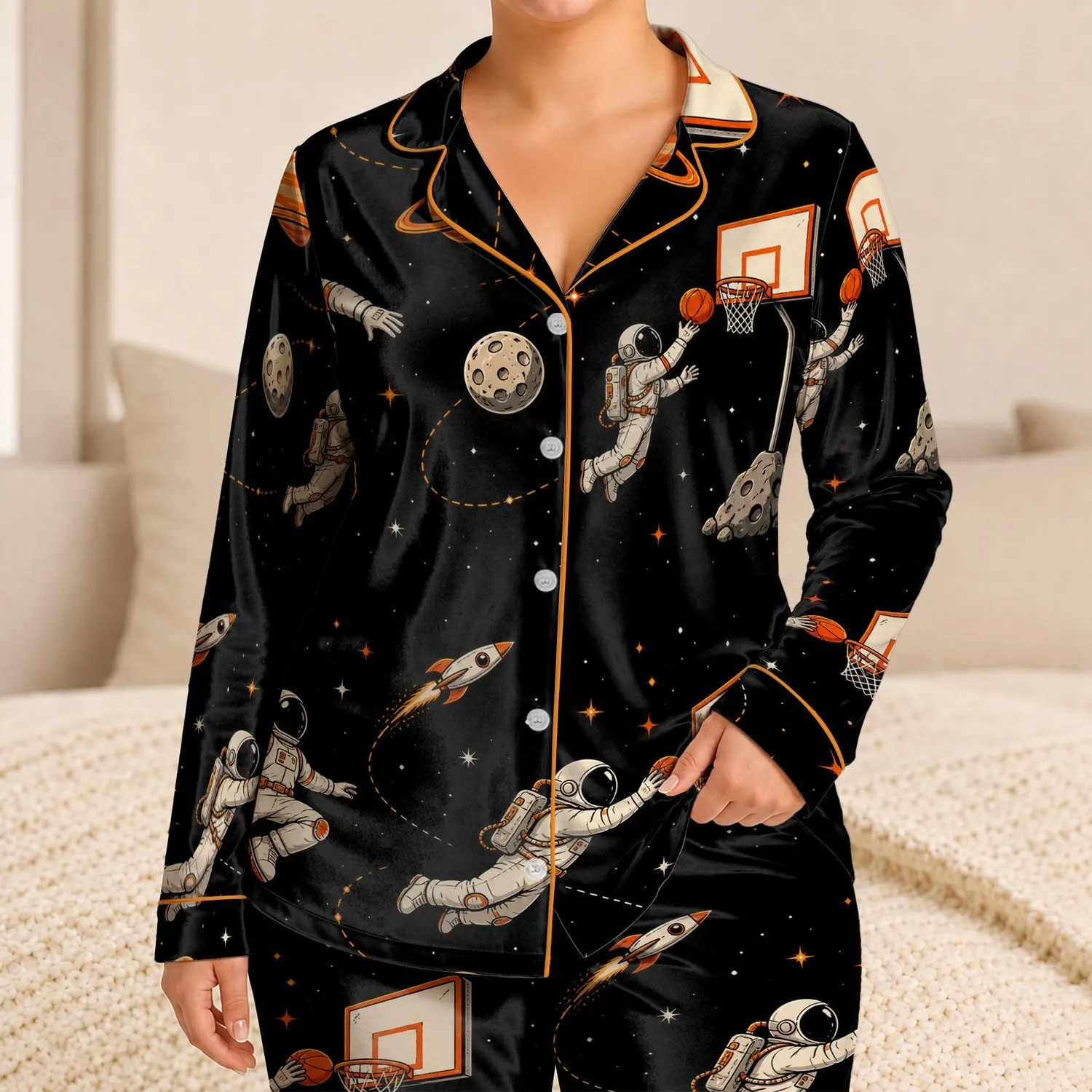 Astronaut Basketball Space Scene for Teen Boys, Cozy Nights, Bedroom Gift Ready Satin Pajamas Set - 1