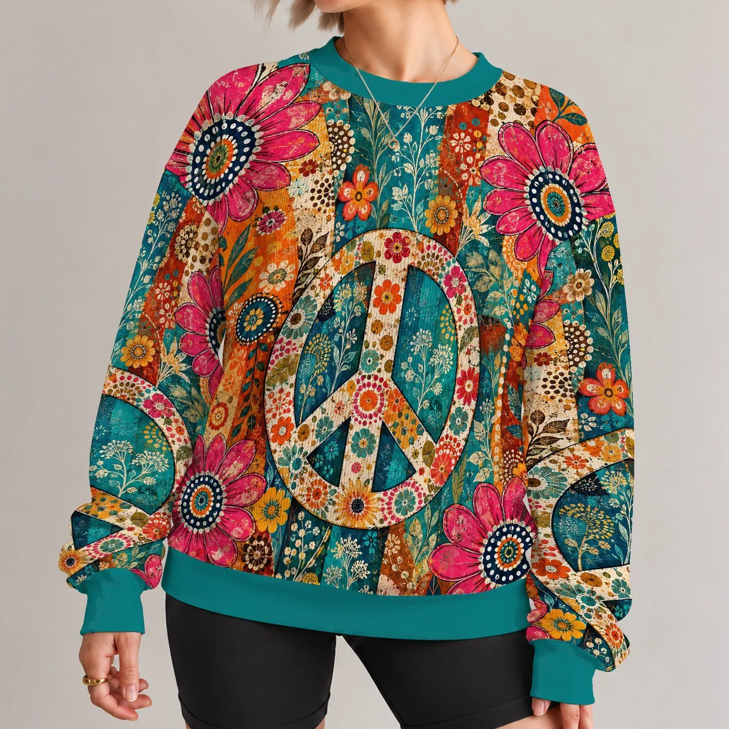 Bohemian Floral Peace Symbol for Spring Festivals and Colorful Everyday Wear for Women All-over Print Knitted Sweater - 1