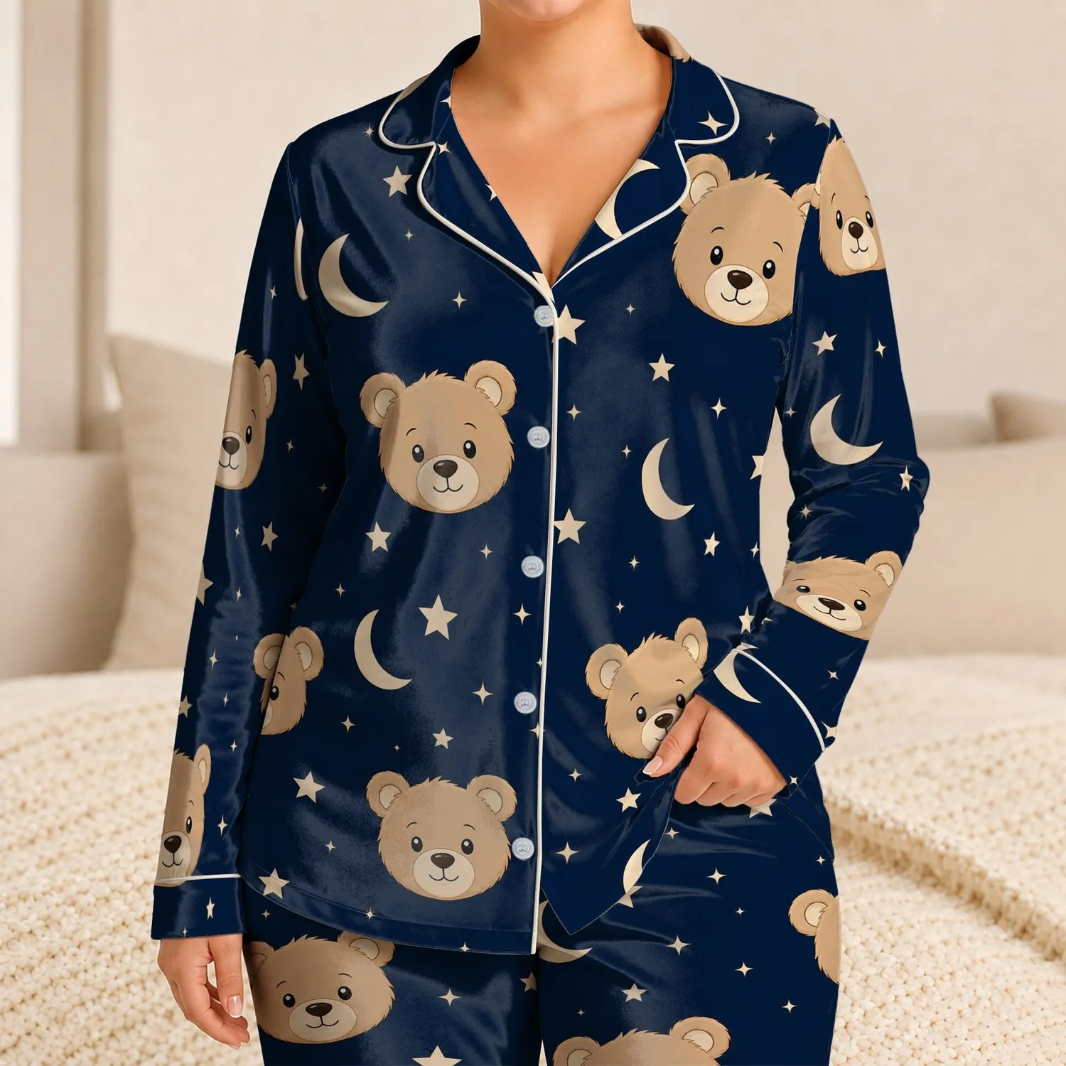 Teddy Bear Moon And Star Bedtime Lounge Style For Teens, Cozy Navy Beige Evenings Satin Pajamas Set - 1