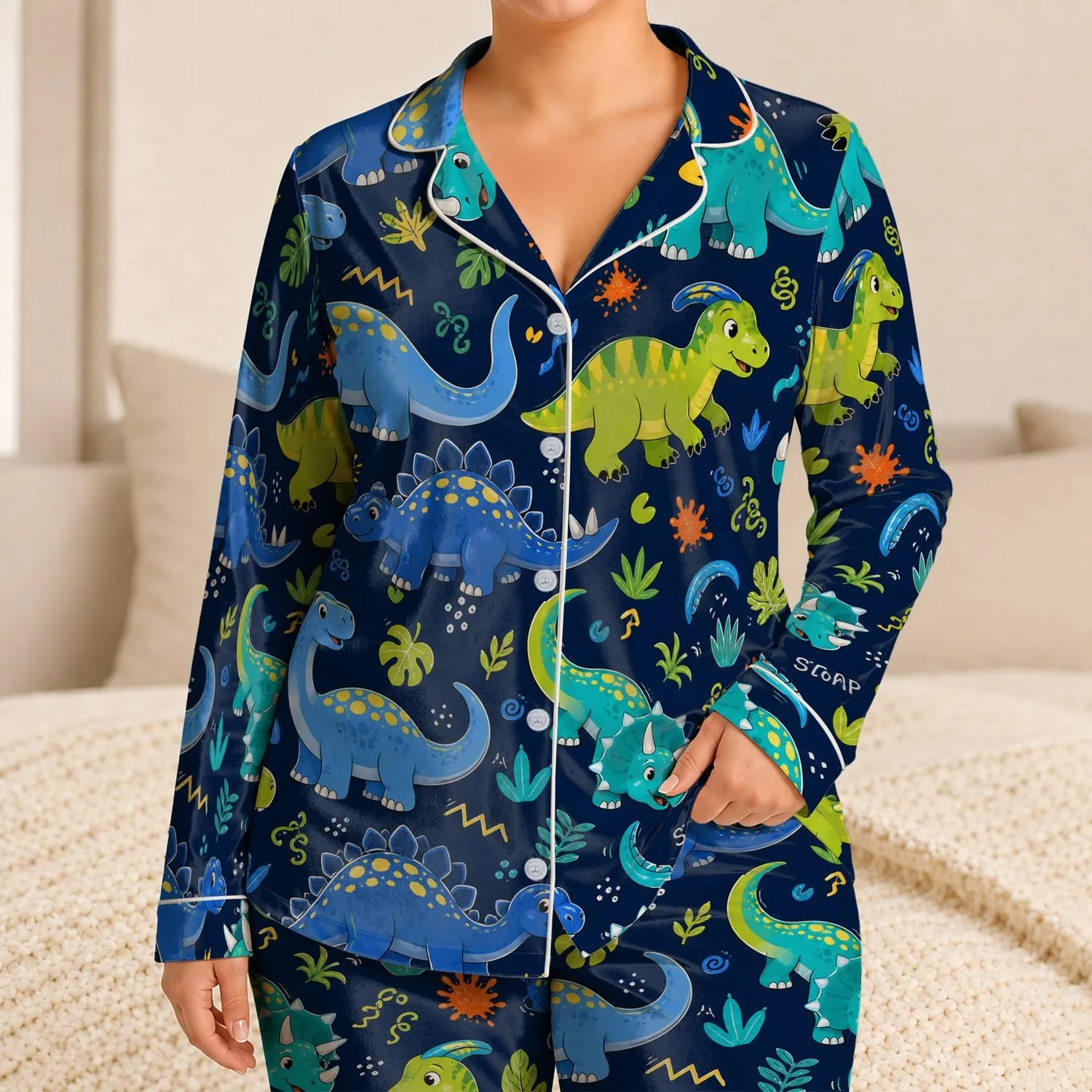 Navy Dino Motifs for Cozy Bedtime Gifts for Kids Who Love Bright, Cheerful Dino Nights Satin Pajamas Set - 1