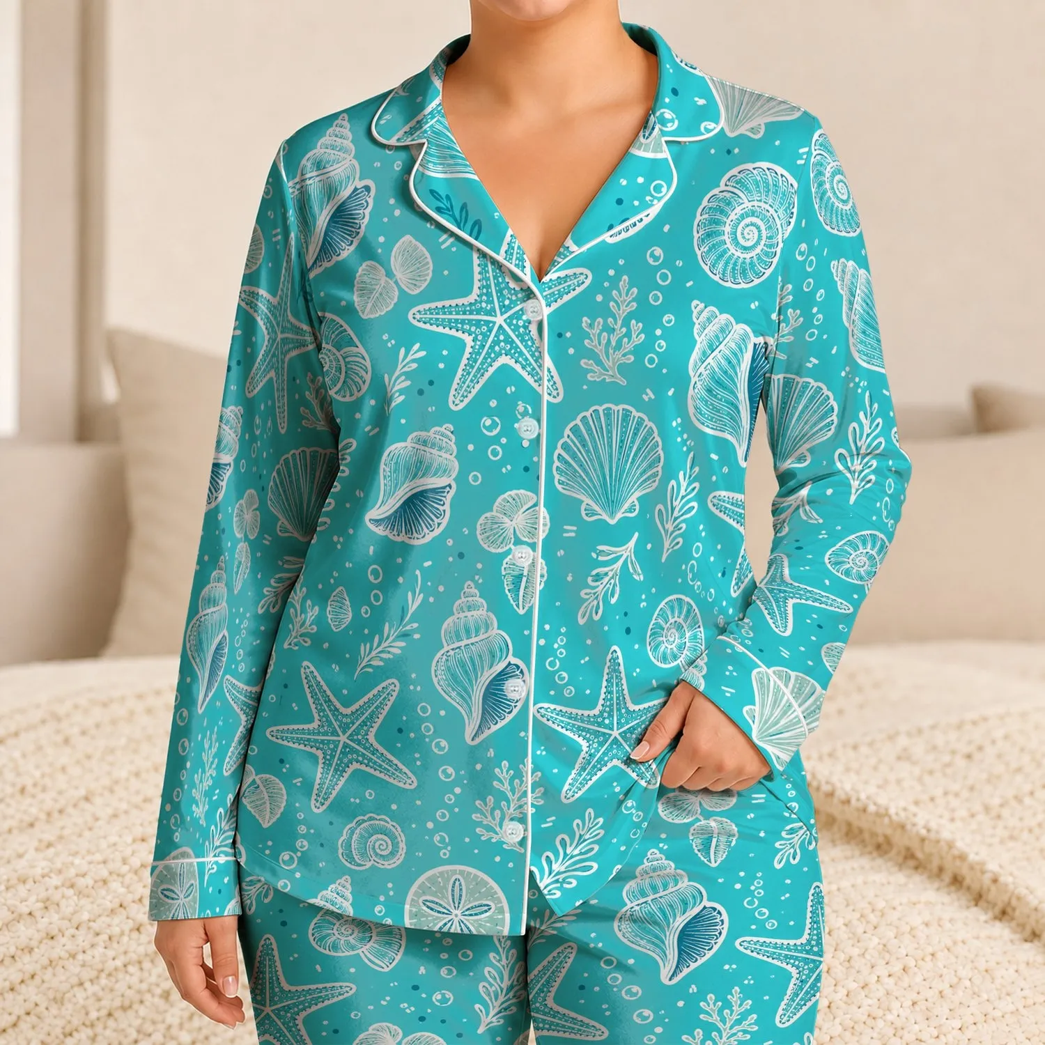 Aqua Coastal Shell Motifs for Summer Nights and Sleepovers, Teens and Tweens Gift Satin Pajamas Set - 1