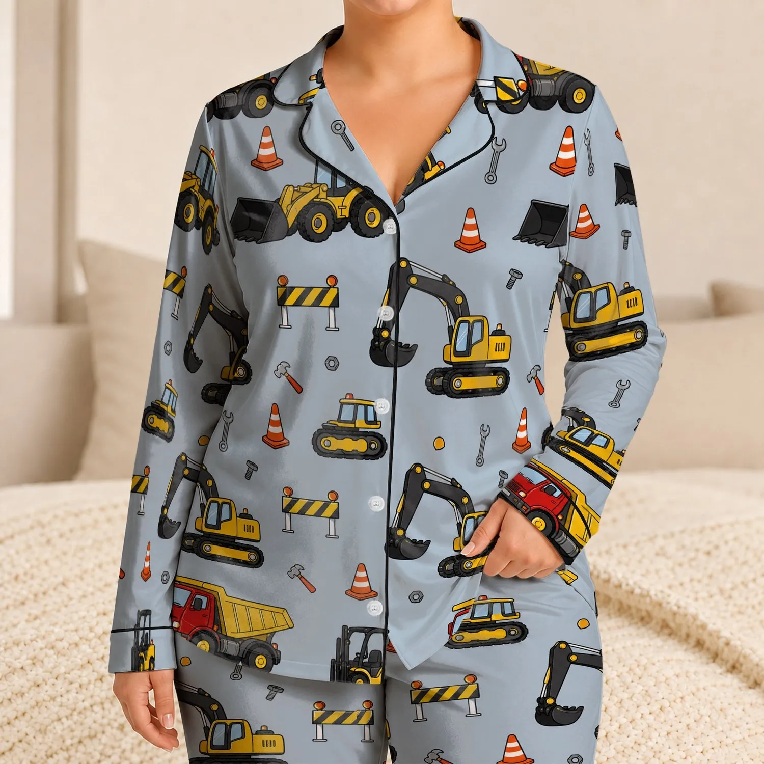 Construction Trucks Bedtime Outfit For Kids And Teens With Excavators And Dump Trucks Satin Pajamas Set - 1