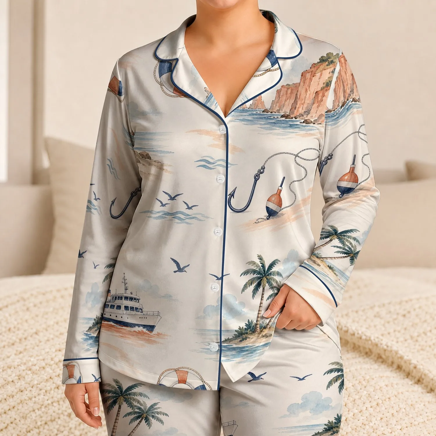 Coastal Ferry And Lighthouse Nightwear For Summer Travel And Beach Vacations For Women Satin Pajamas Set - 1