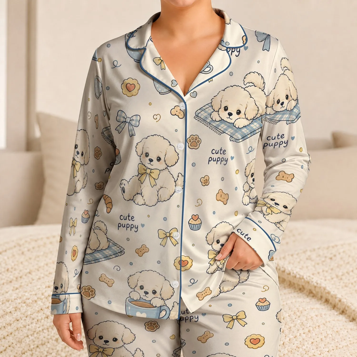Kawaii Puppy Cozy Night Gift For Dog Lovers, Teens, And Home Lounging Weekend Unwind Satin Pajamas Set - 1