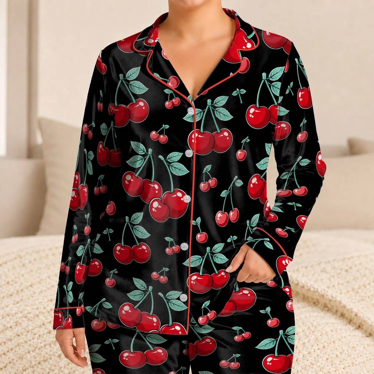 Retro Cherry Loungewear For Cozy Nights, Weekend Relaxation And Home Comfort For Women Satin Pajamas Set - 1