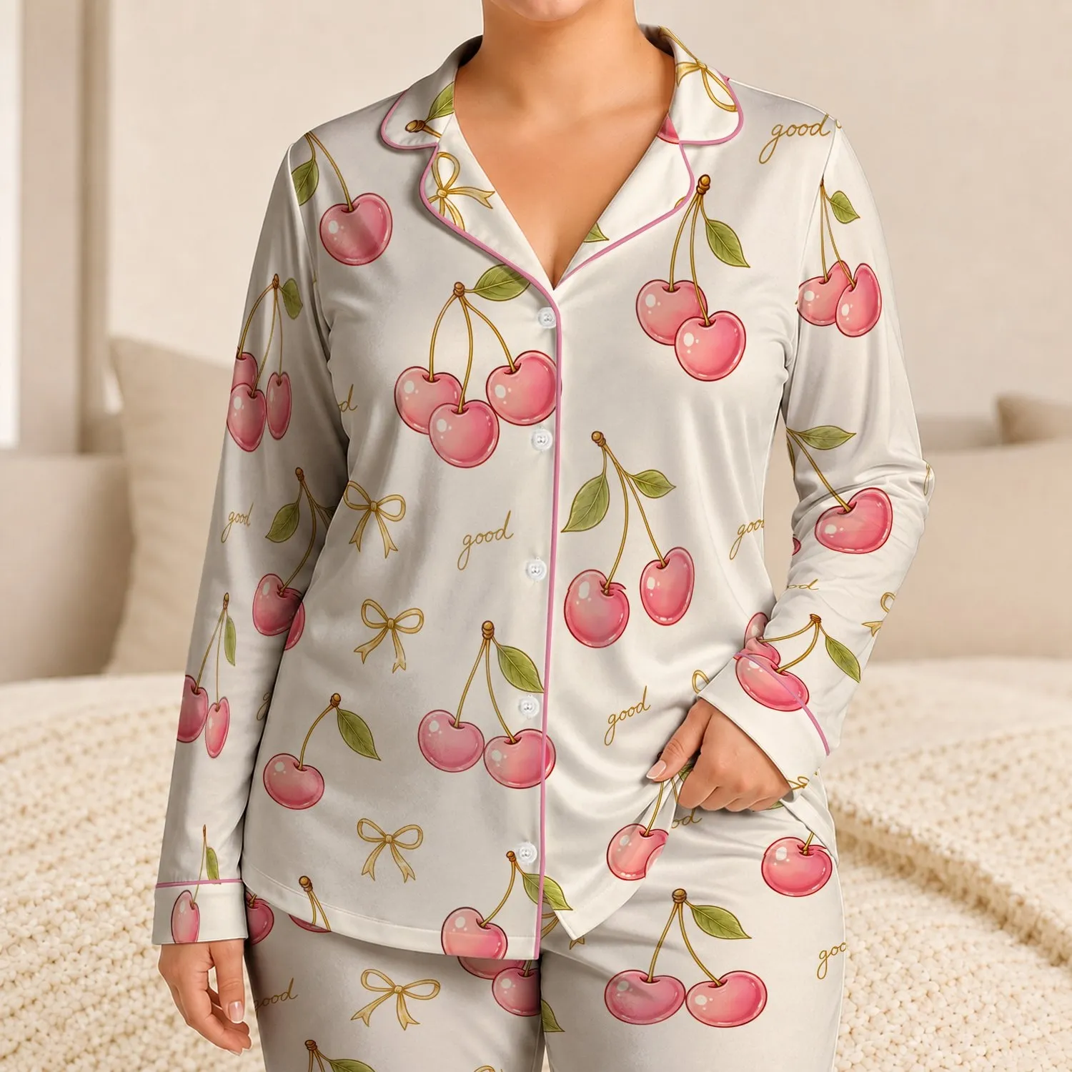 Ivory Cherry And Gold Bow Home Relaxation Look For Women Spring Summer At Home Wear Satin Pajamas Set - 1