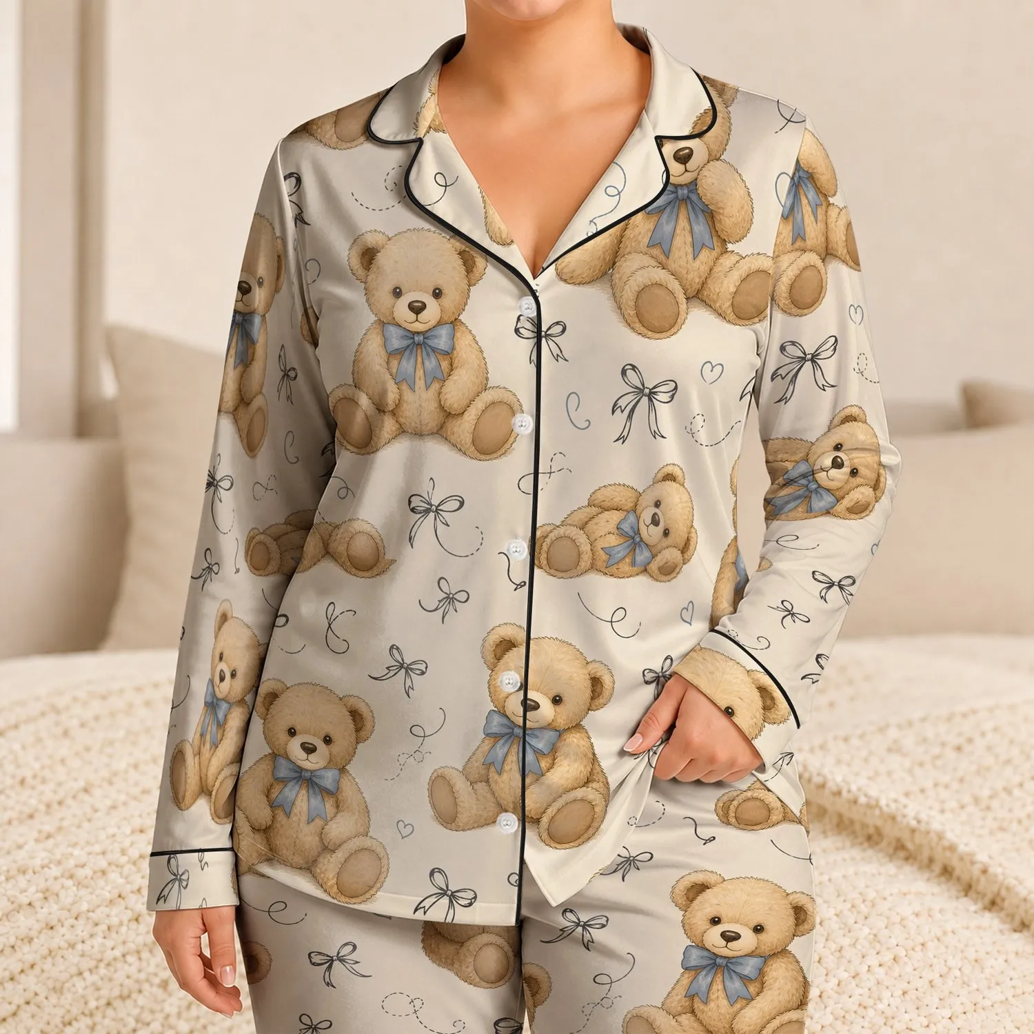 Womens Cozy Teddy Bear Neutral Homewear for Relaxed Days and Giftable Comfort At Home Satin Pajamas Set - 1