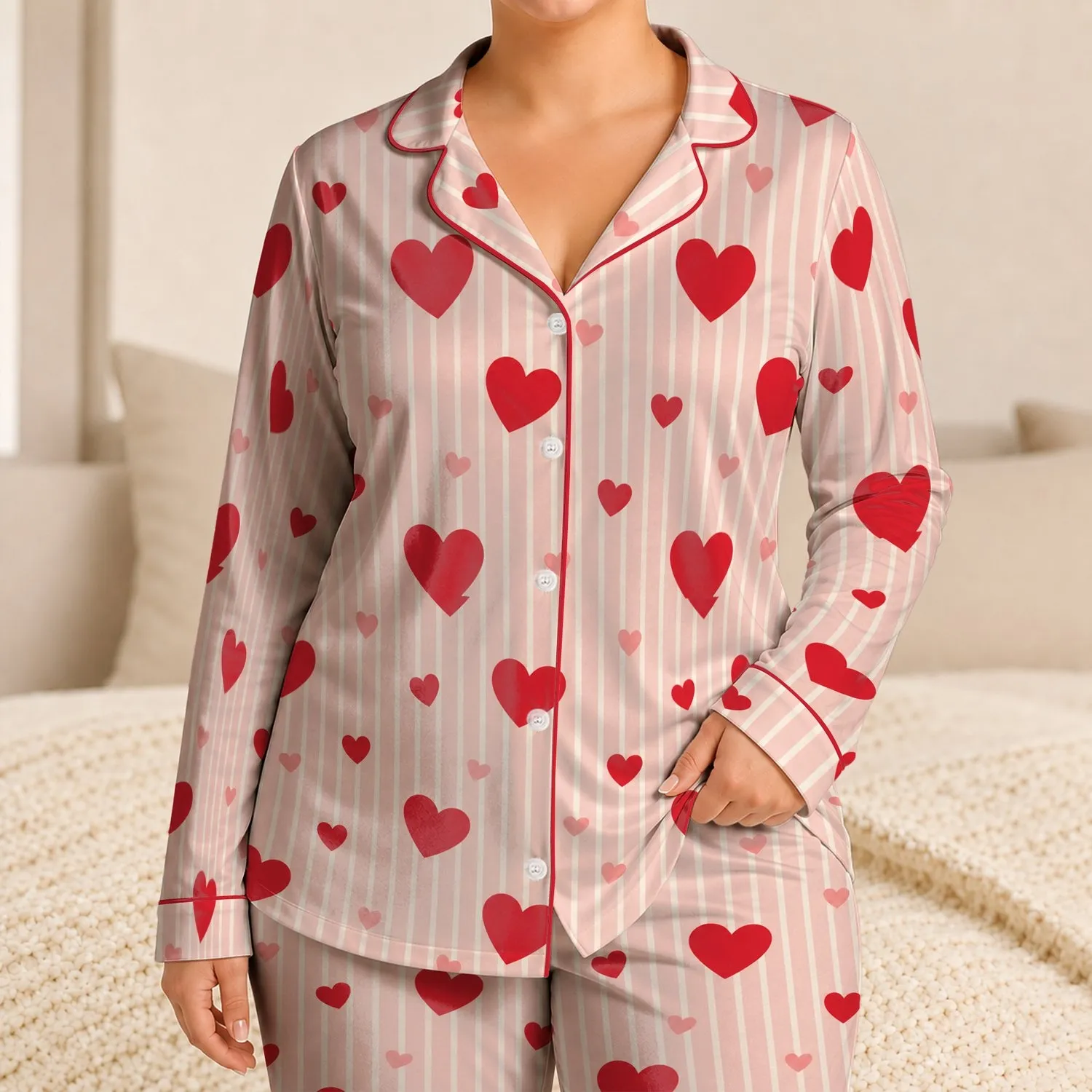 Blush Pink Heart Stripe Home Style for Cozy Nights and Sweet Gift Giving for Her Satin Pajamas Set - 1
