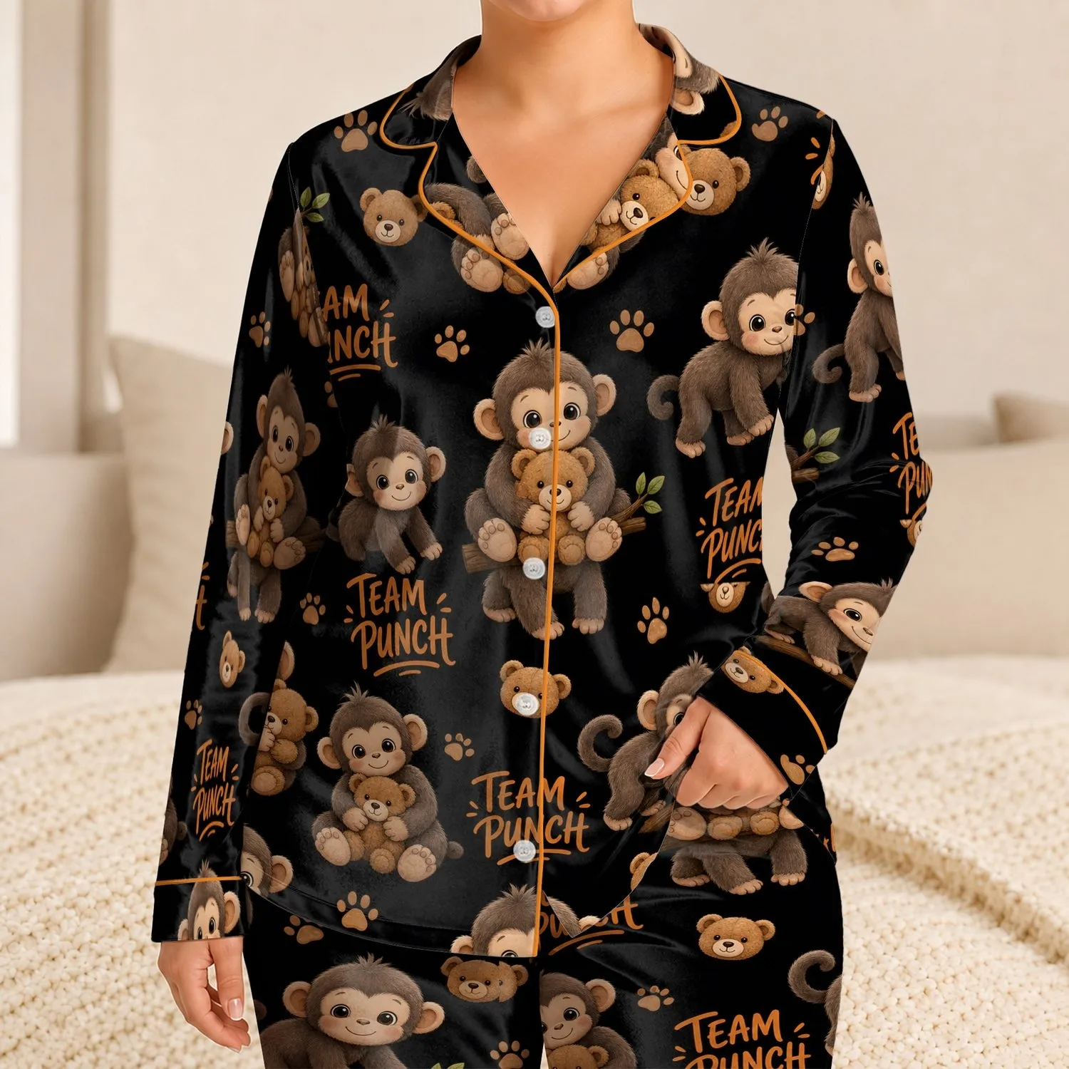 Black Monkey and Teddy Bear Sleepwear for Cozy Nights, Cute Gift for Stylish Women Satin Pajamas Set - 1