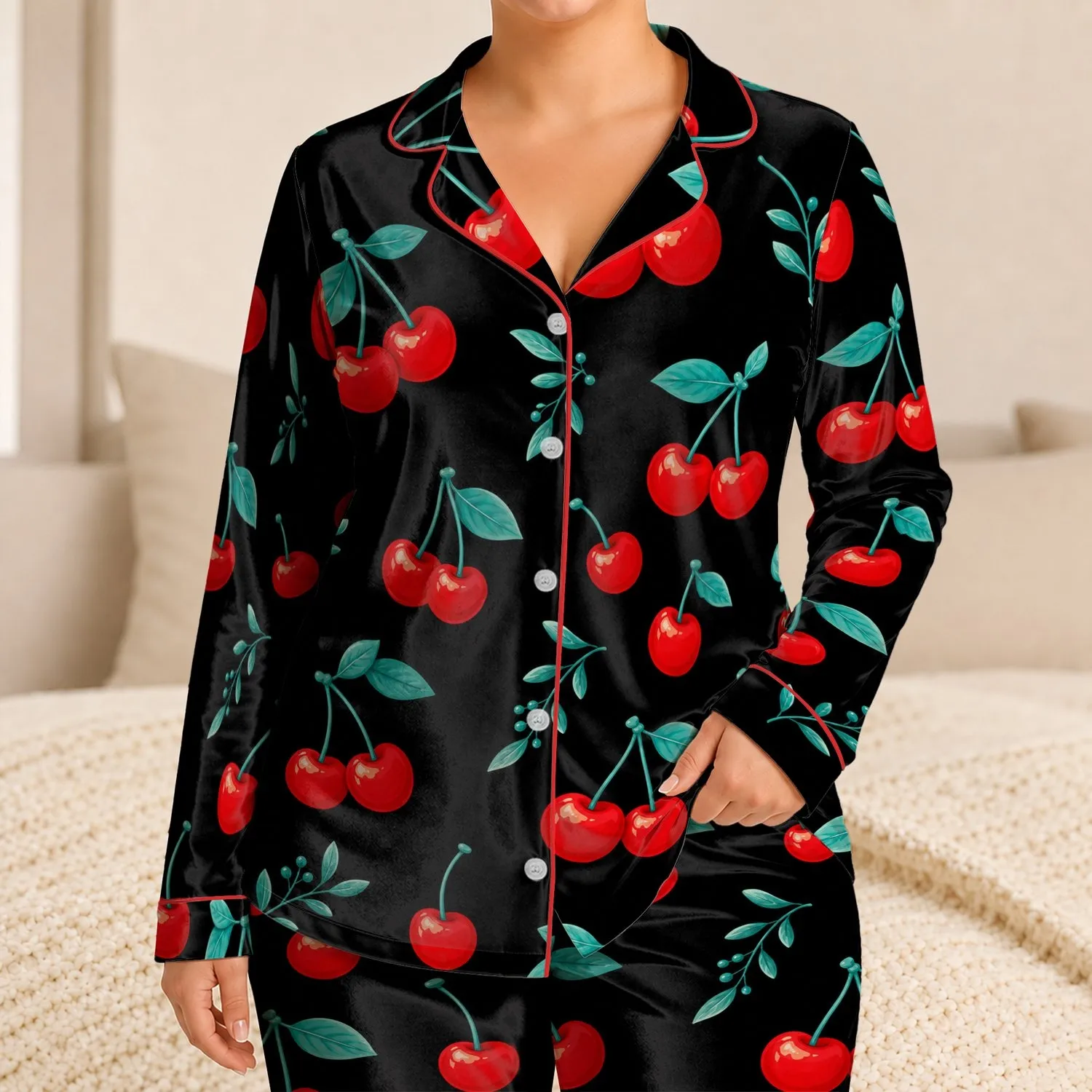 Deep Jet-Black Cherry Motif for Cozy Night-In Lounging, Giftable Style for Women Satin Pajamas Set - 1